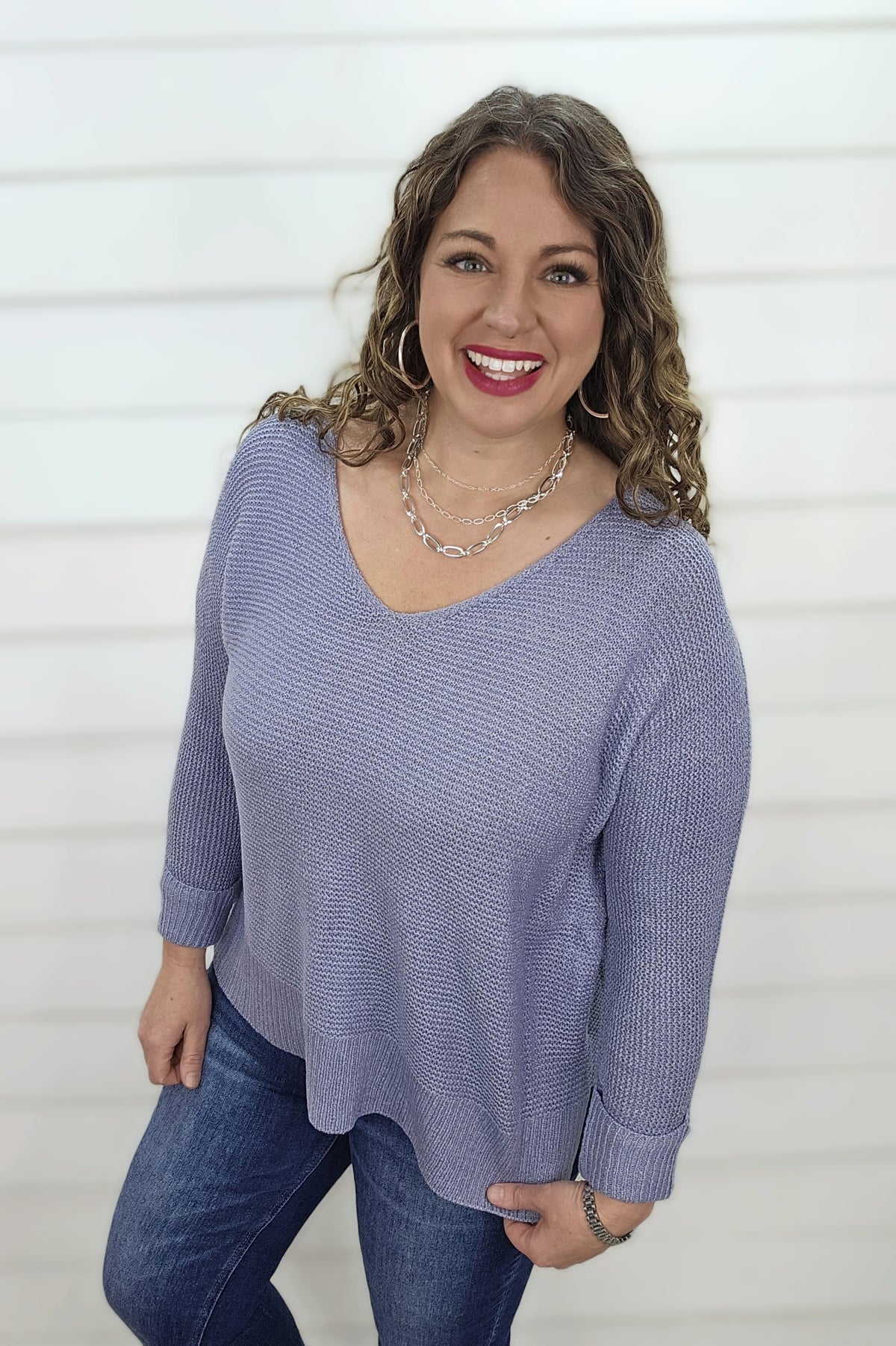 SLATE BLUE V NECK SLOUCH SWEATER W/ ROLLED SLEEVE