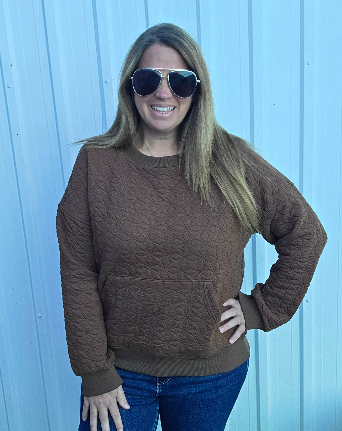 BROWN Crew Neck, Kangaroo Pocket, Quilted Texture Pullover