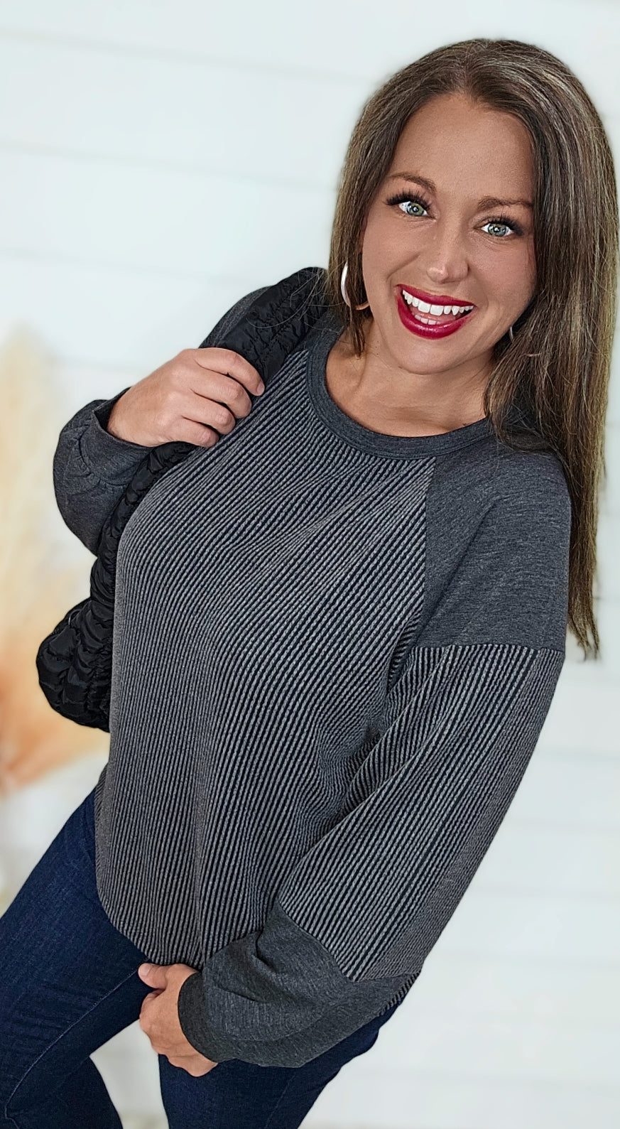 CHARCOAL CREW NECK RIBBED CONTRAST TOP