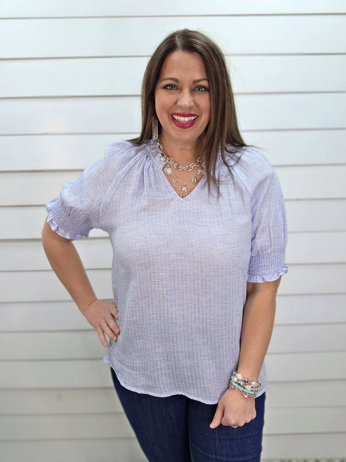 LIGHT BLUE RUFFLED COLLAR V NECK SMOCKED SLEEVE WOVEN TOP