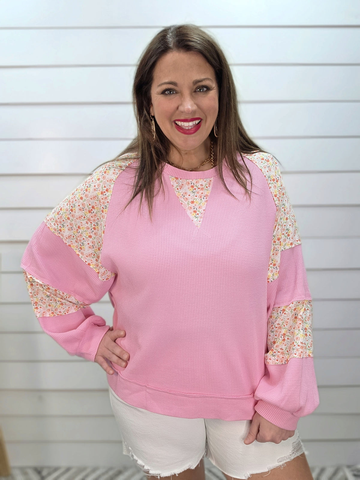 PINK WAFFLE TEXTURE FLORAL CONTRAST KNIT TOP