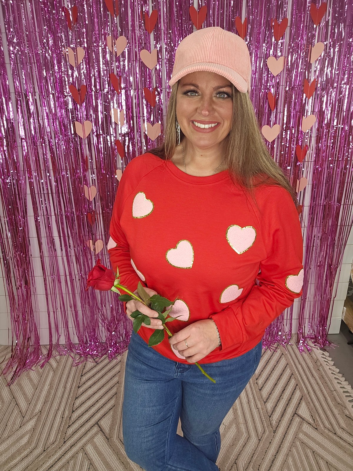 RED PULLOVER WITH PINK CHENNILE PATCH HEARTS