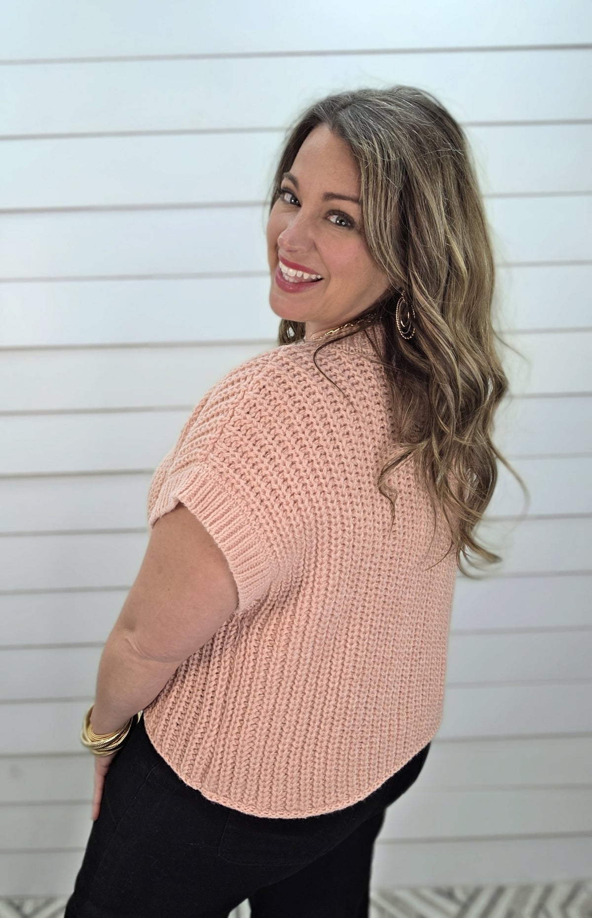 BLUSH CHUNKY SHORT SLEEVE GOLD BUTTON SWEATER