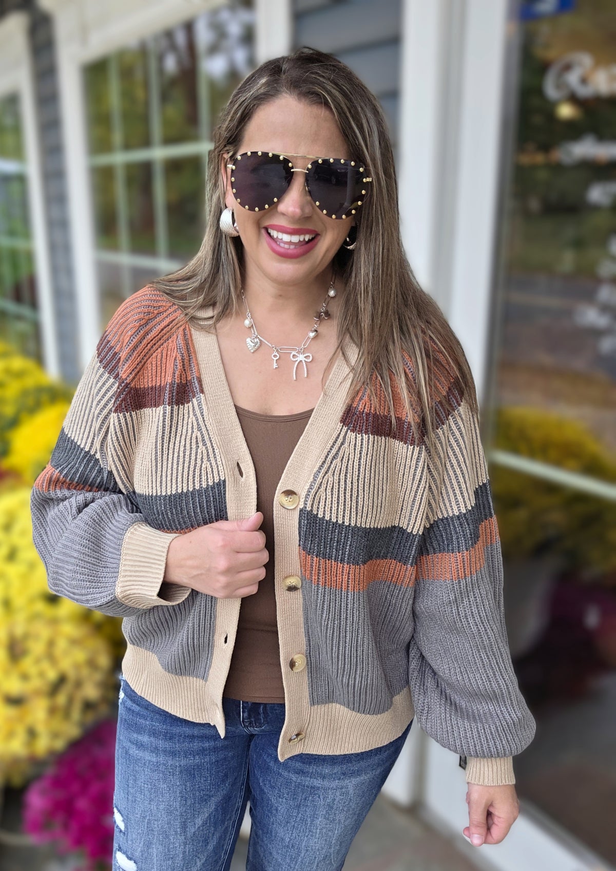 TAUPE/RUST/CHARCOAL V NECK BUTTON CARDIGAN/SWEATER