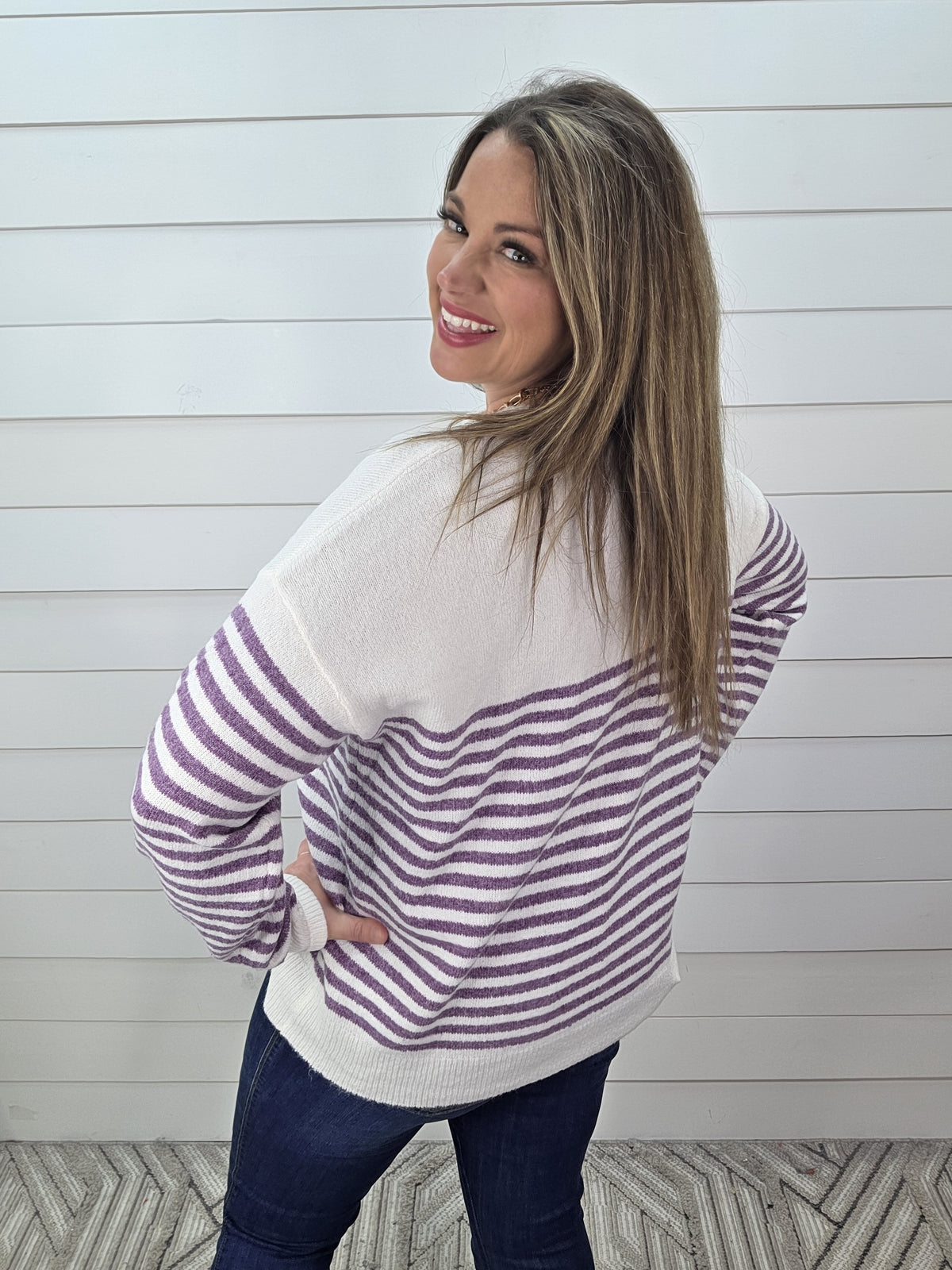 PURPLE STRIPED POCKET KNIT LIGHT WEIGHT SWEATER