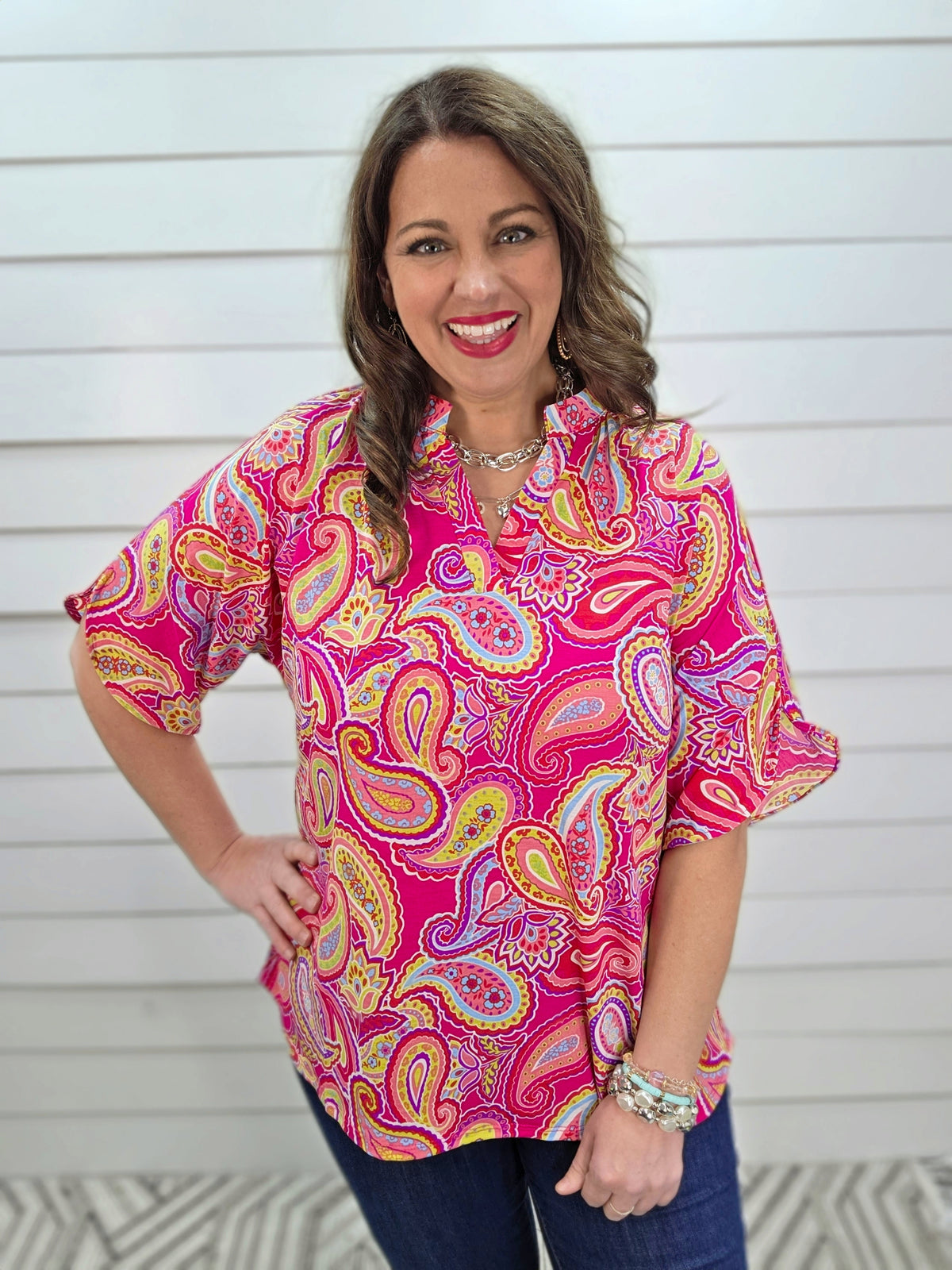 DEAR SCARLETT BREEZE SPLIT SLEEVE TOP - HOT PINK PRINTED