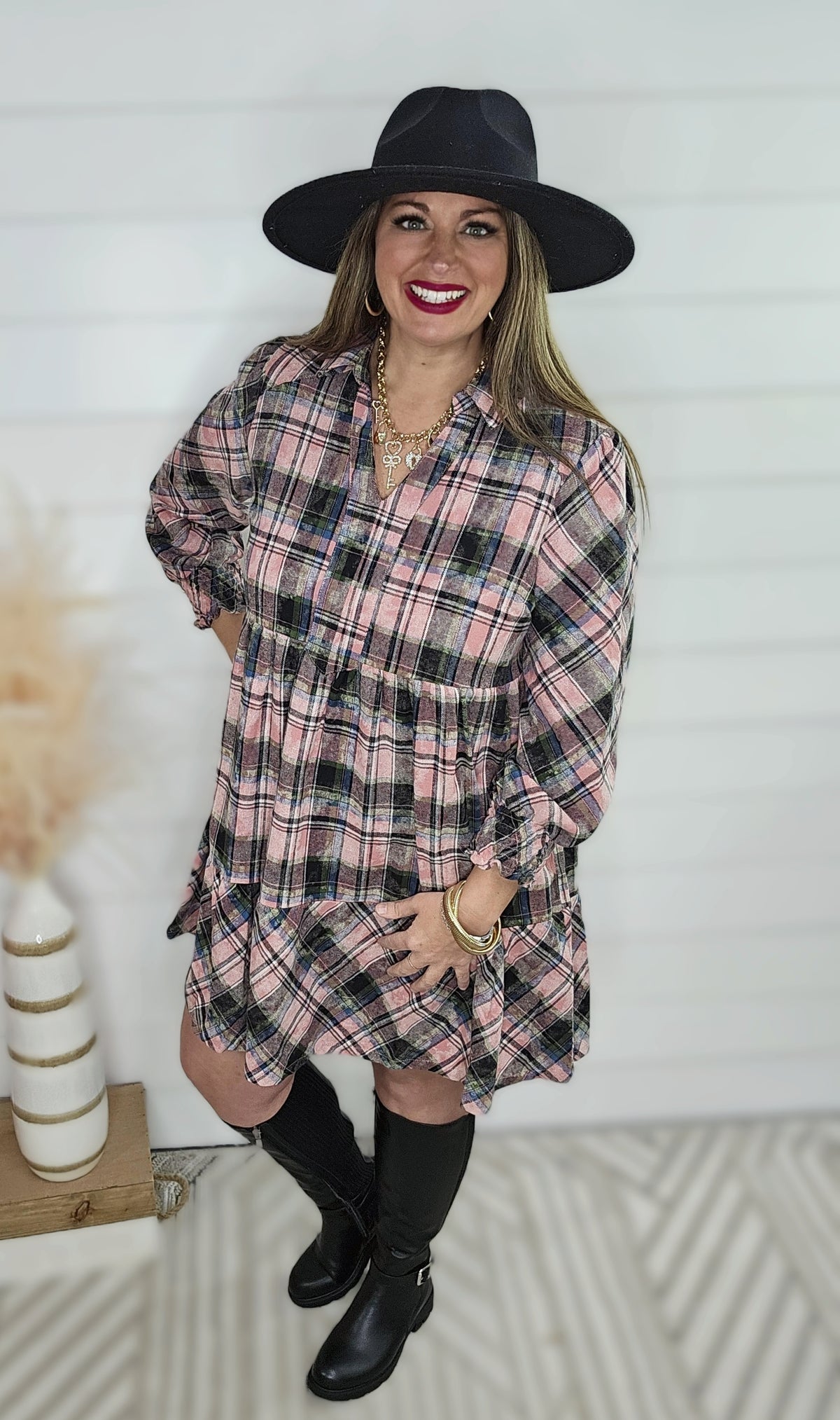 PINK PLAID WASHED EFFECT DRESS