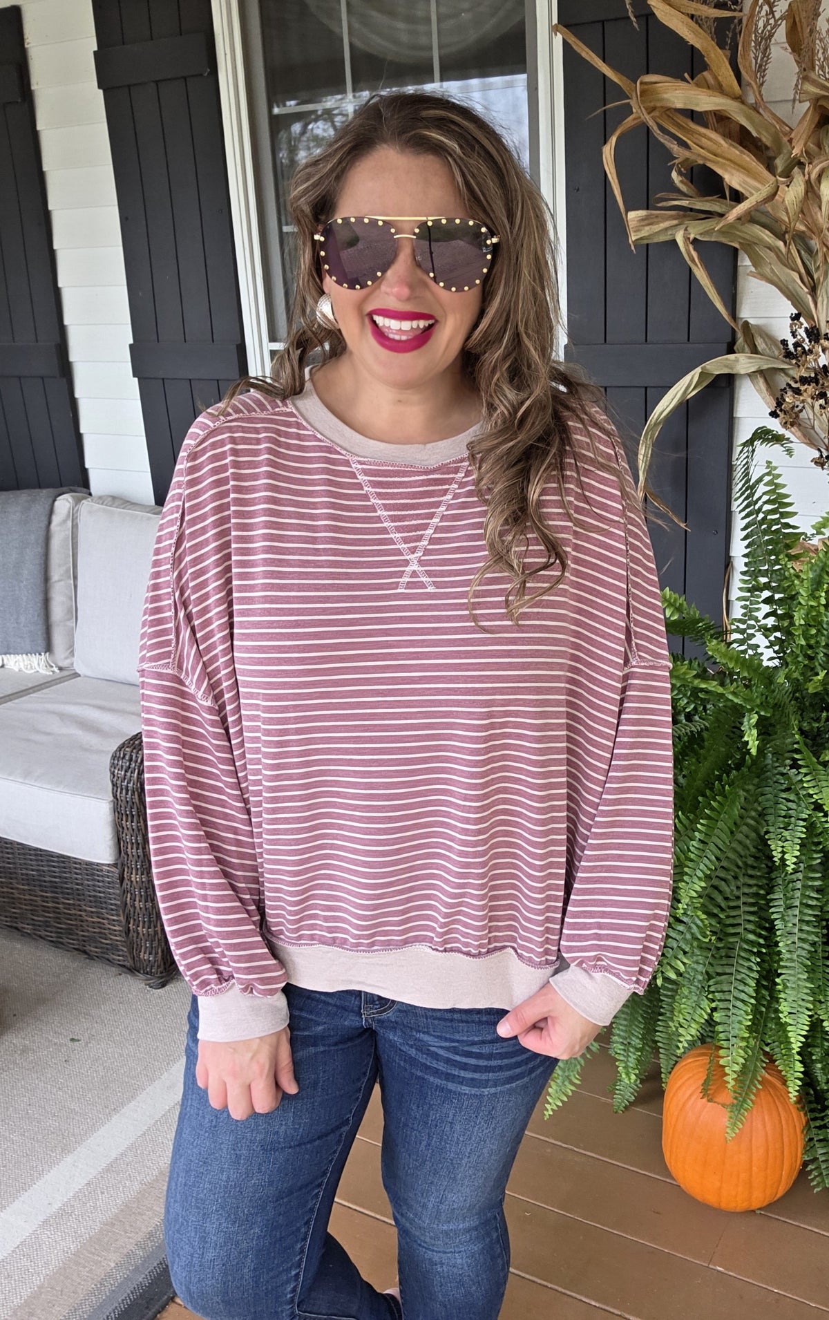 ROSE MAUVE STRIPED DROP SHOULDER LOOSE FIT TOP