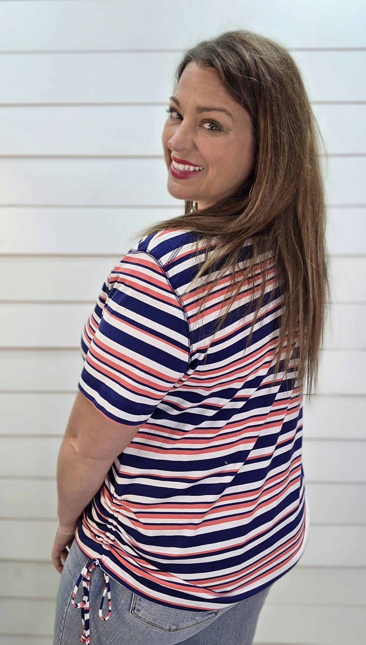 NAVY STRIPED DRAWSTRING SIDE KNIT TOP