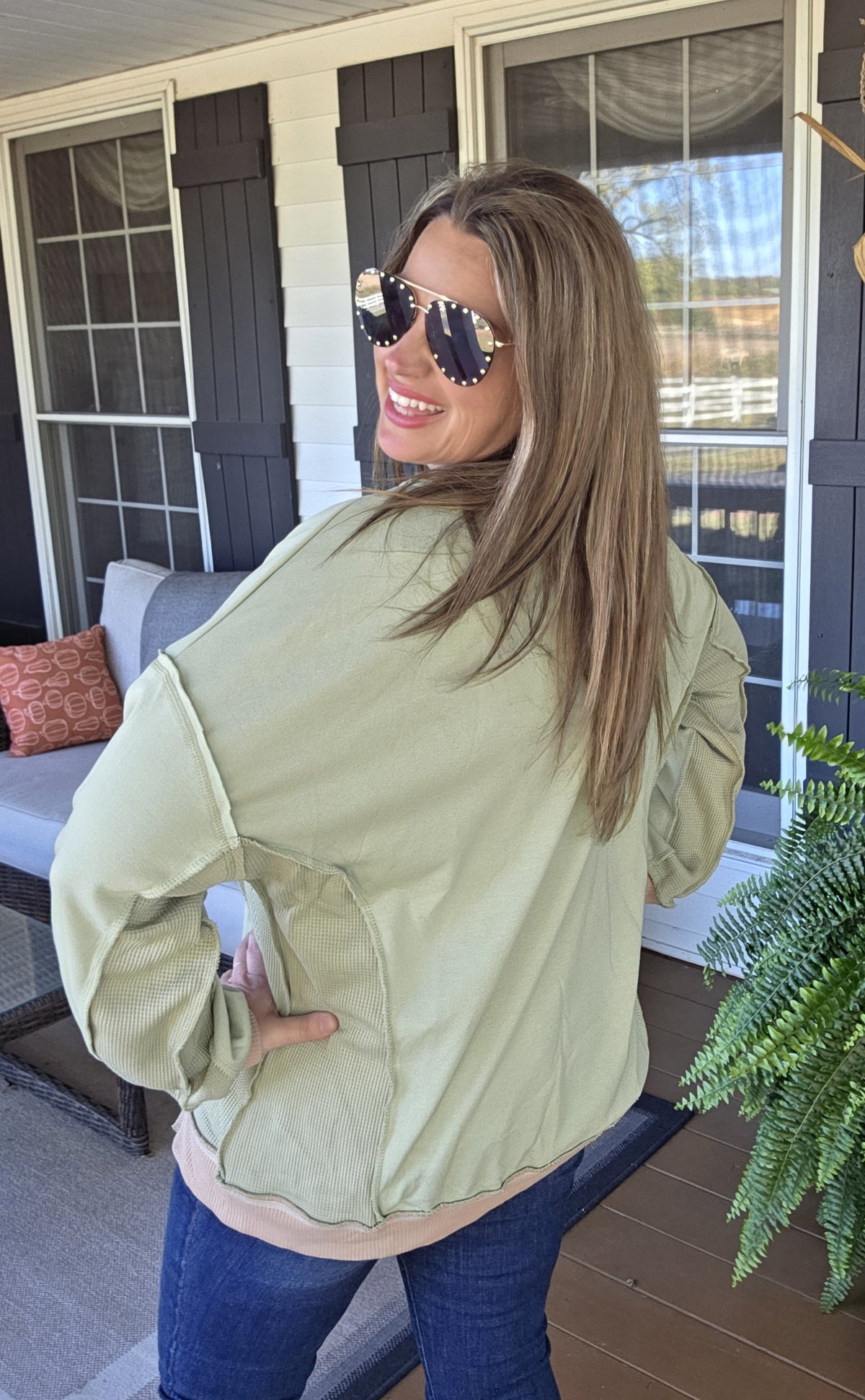 GREEN FRENCH TERRY/WAFFLE TEXTURE KNIT TOP