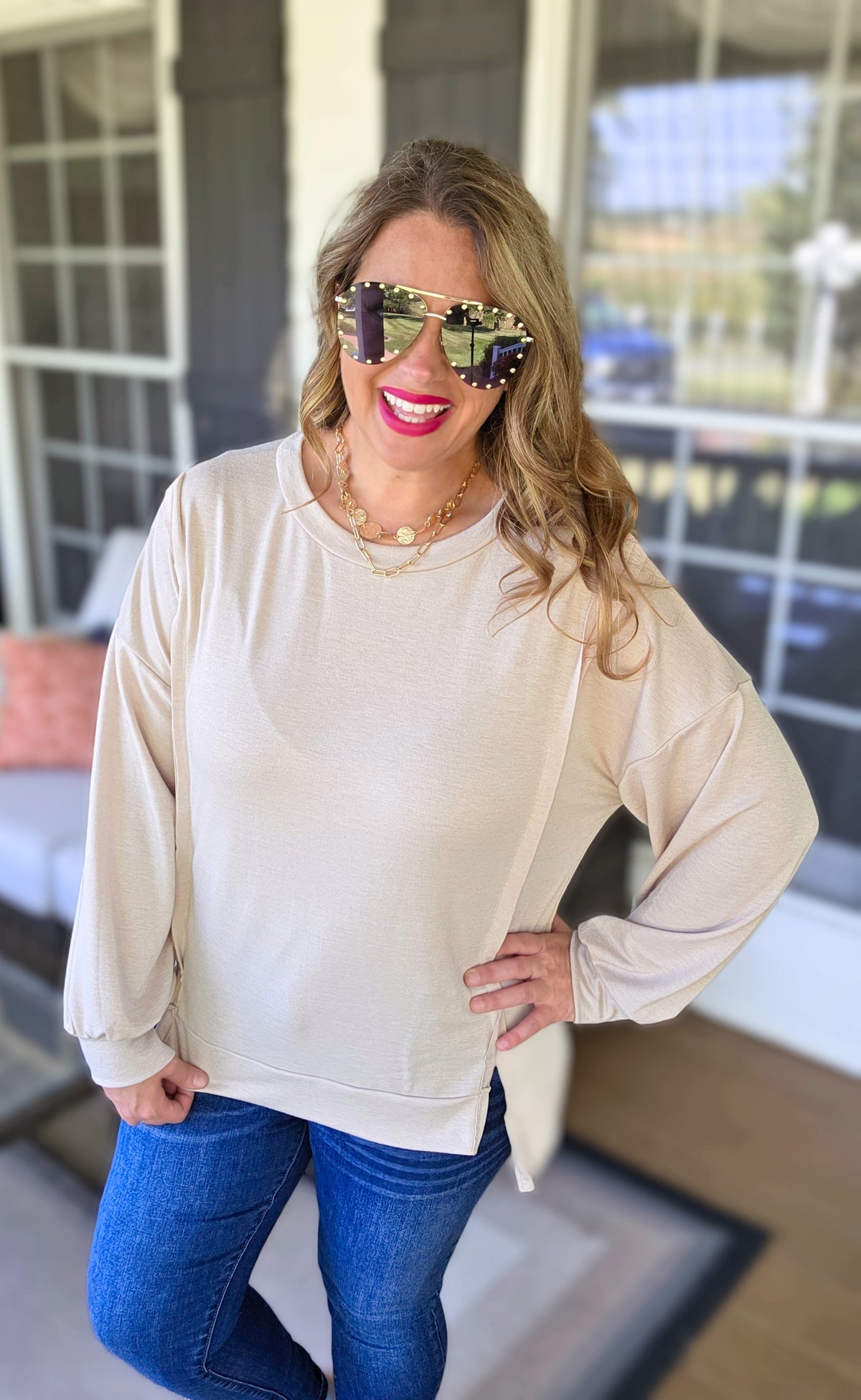 OATMEAL LOOSE FIT SIDE SLIT FRENCH TERRY TOP