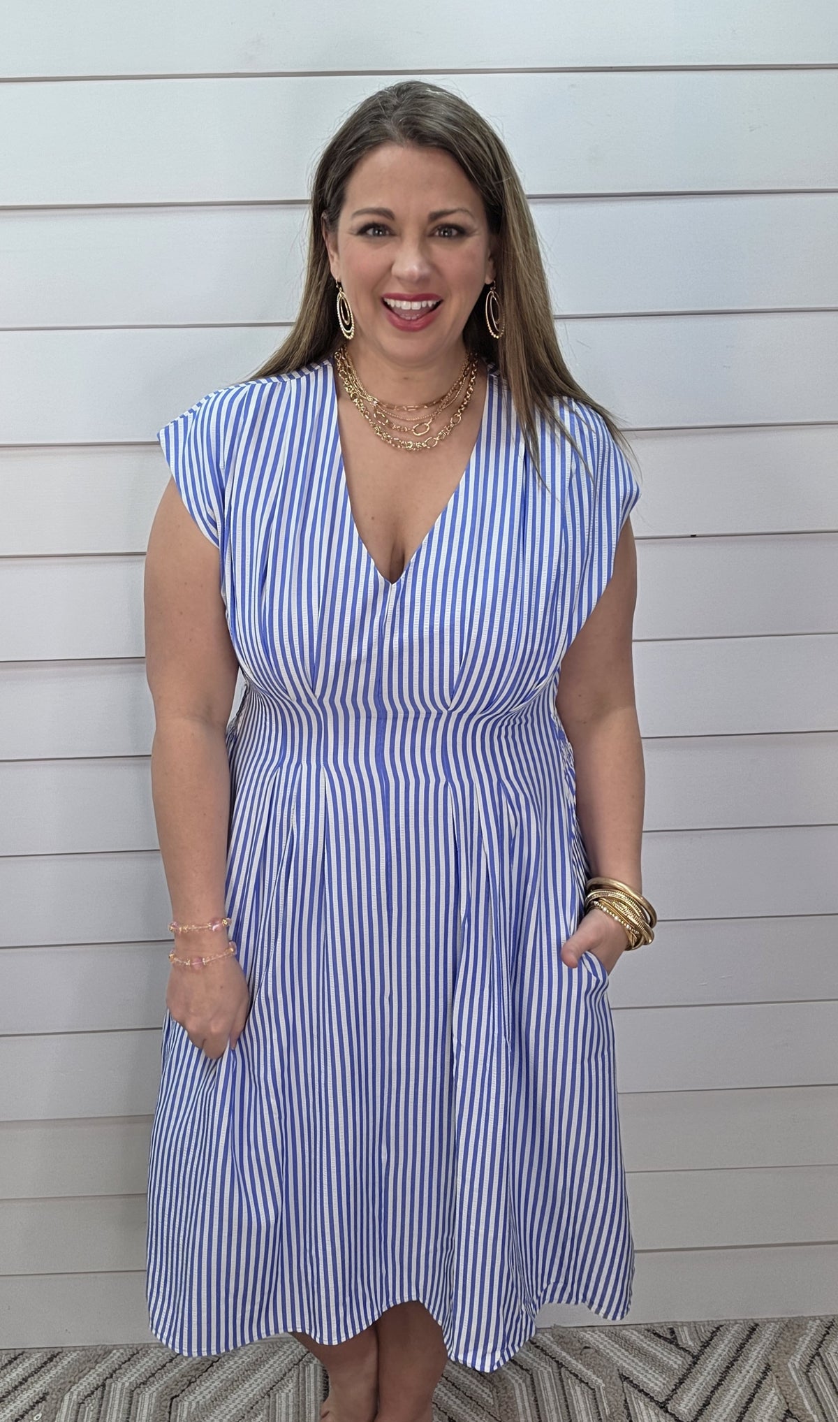 BLUE STRIPED V NECK PLEATED WOVEN DRESS W/ BACK SMOCKING