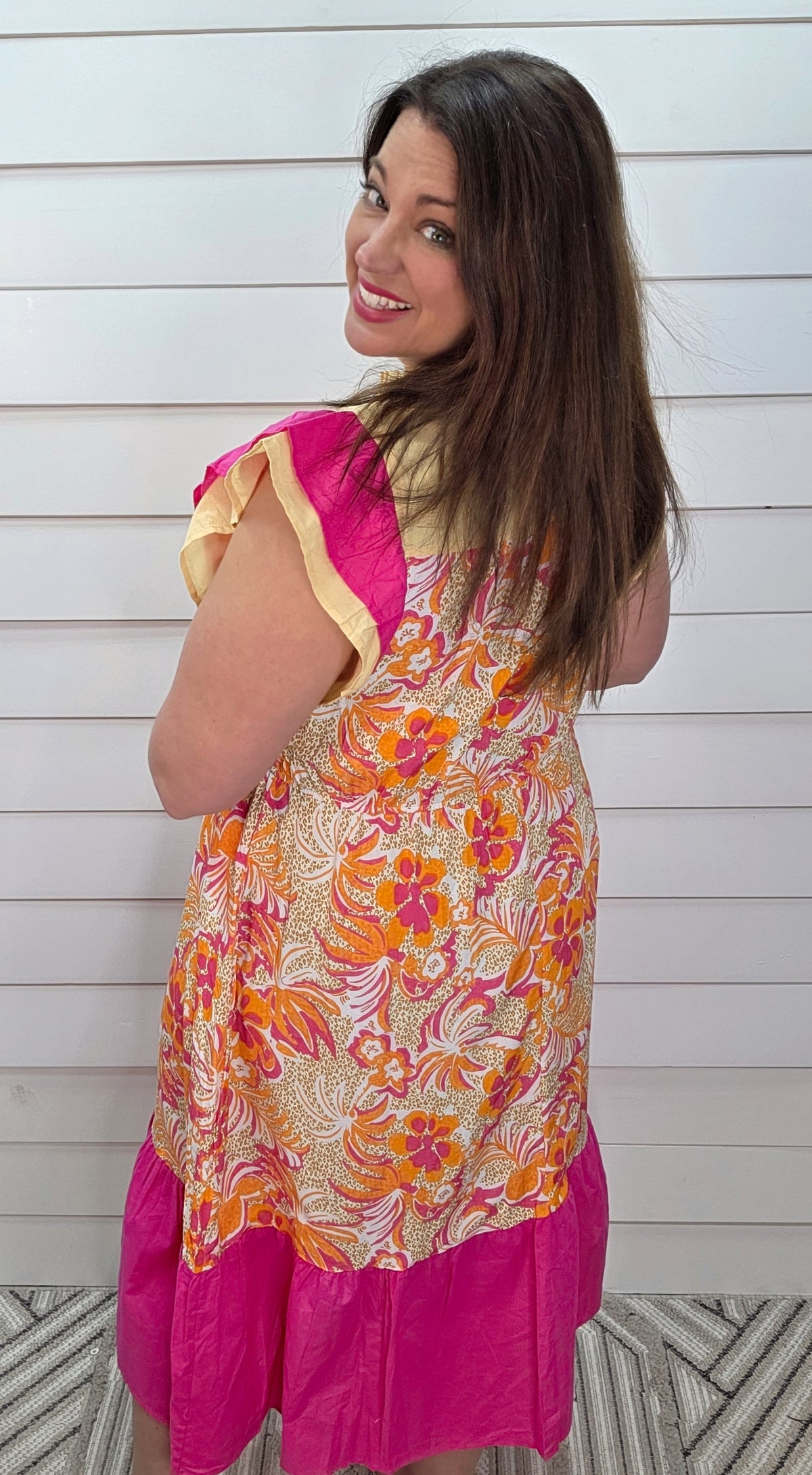 ROSE/YELLOW FLORAL ELASTIC WAIST DRESS