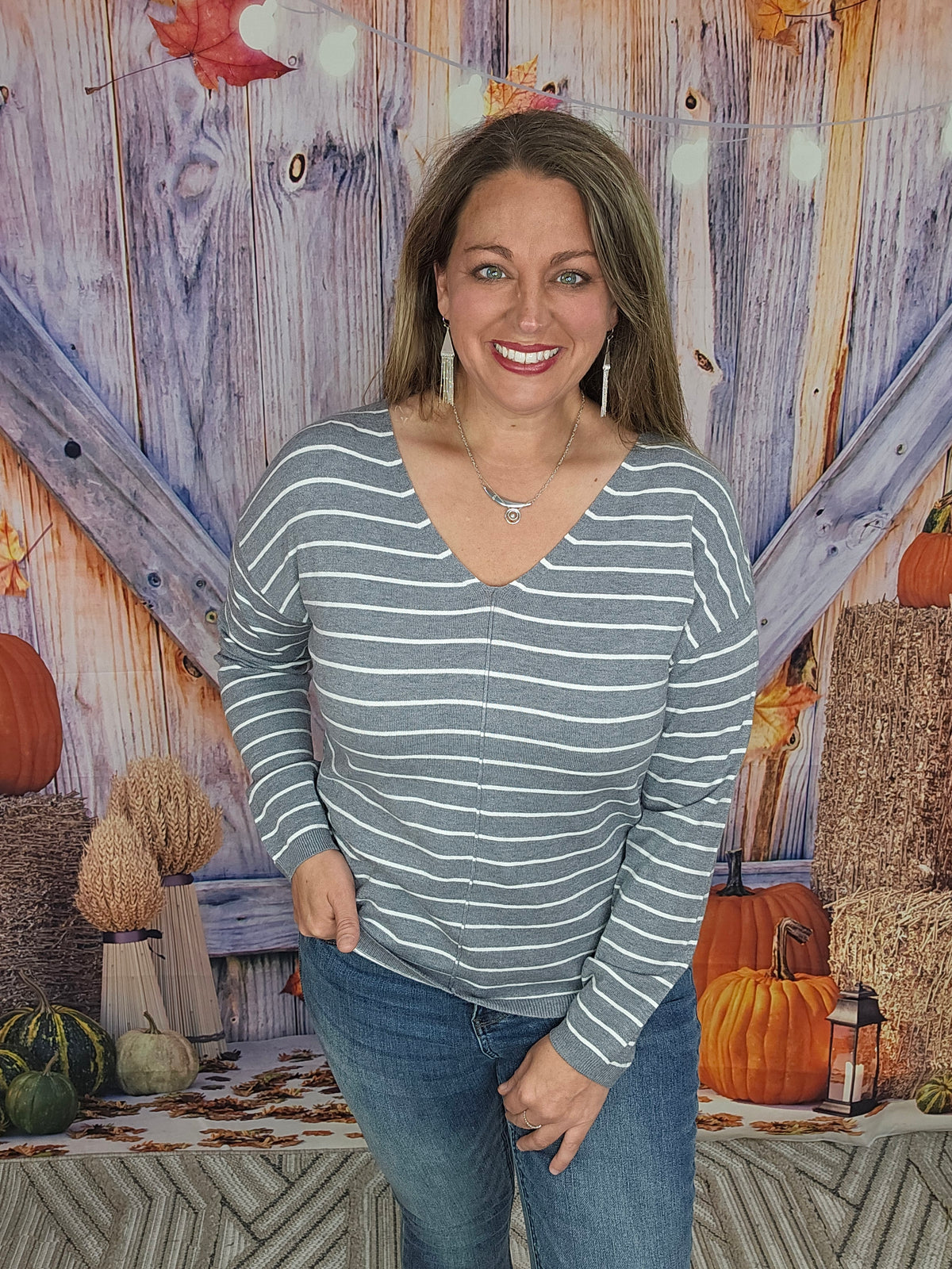 GREY/WHITE STRIPED V NECK LIGHT WEIGHT SWEATER