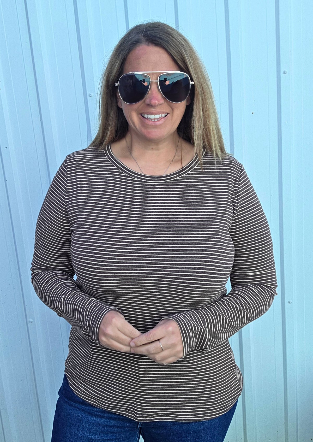 BROWN Crew Neck, Long Sleeve, Basic Striped Jersey Top