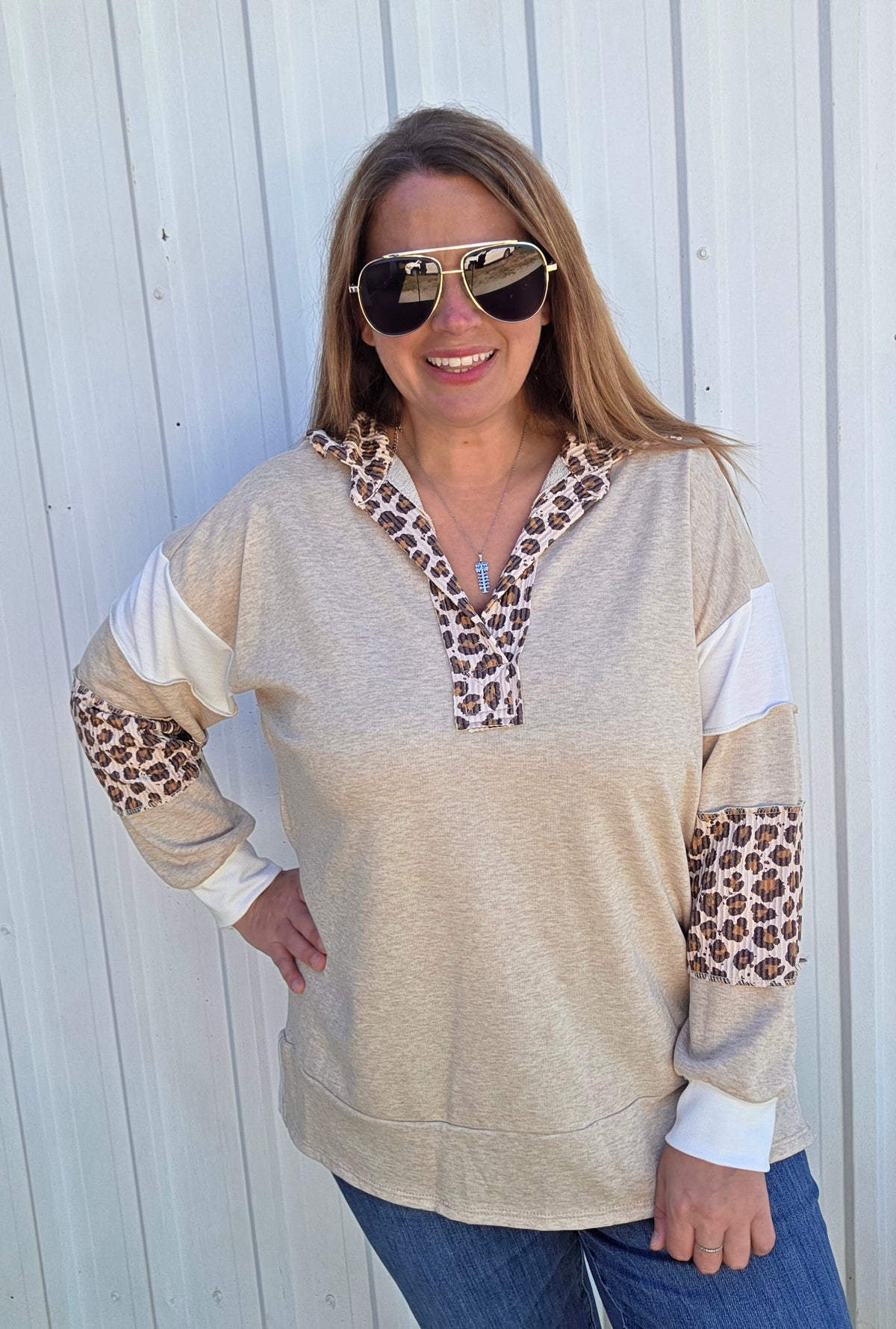TAUPE OATMEAL/Animal Print Long Sleeves FRENCH TERRY TOP