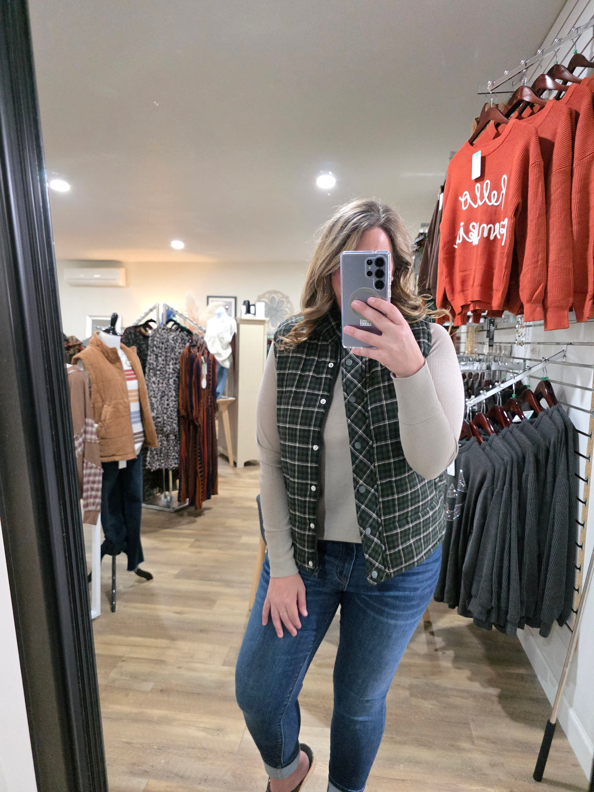 DK GREEN CHECK PLAID SNAP/ZIPPER VEST