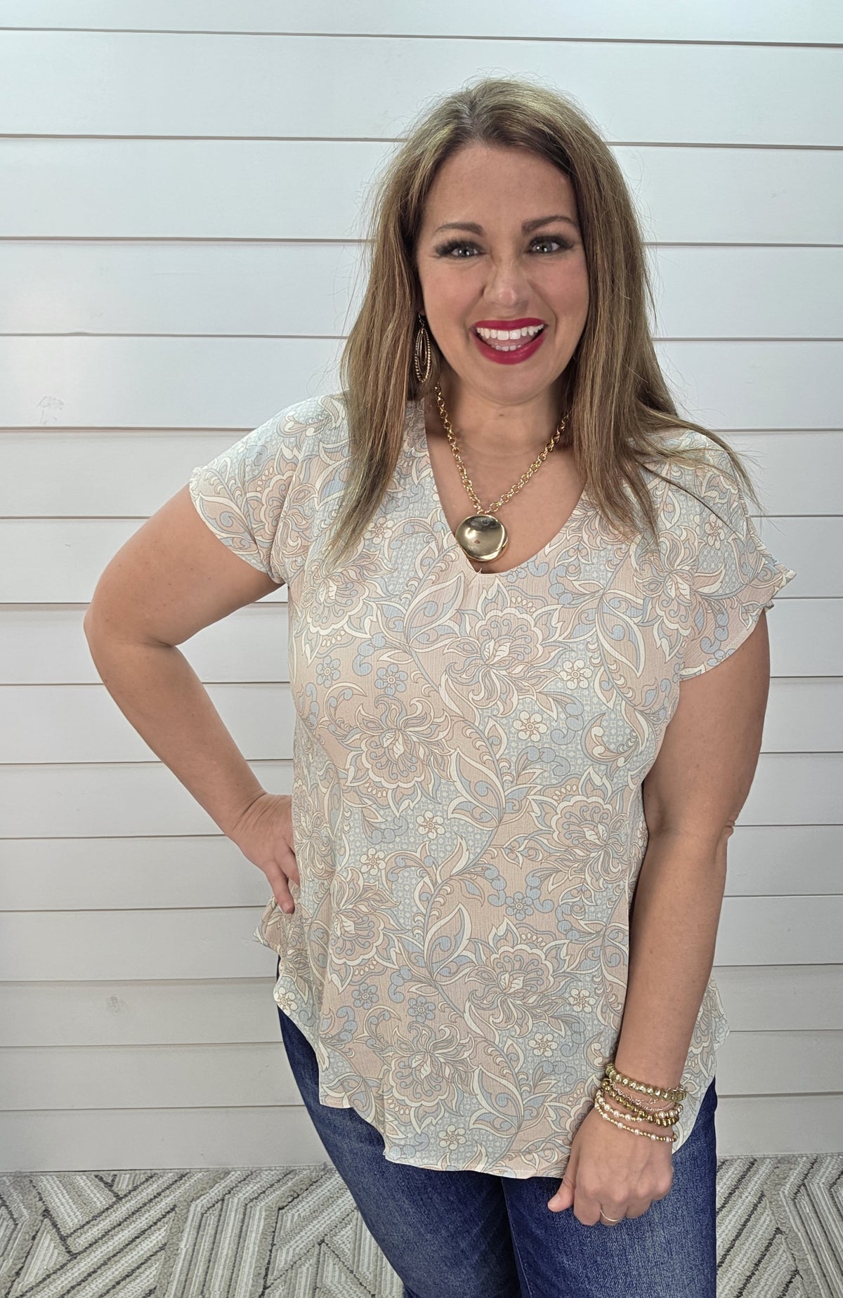 TAUPE/LIGHT BLUE FLORAL V NECK WOVEN TOP