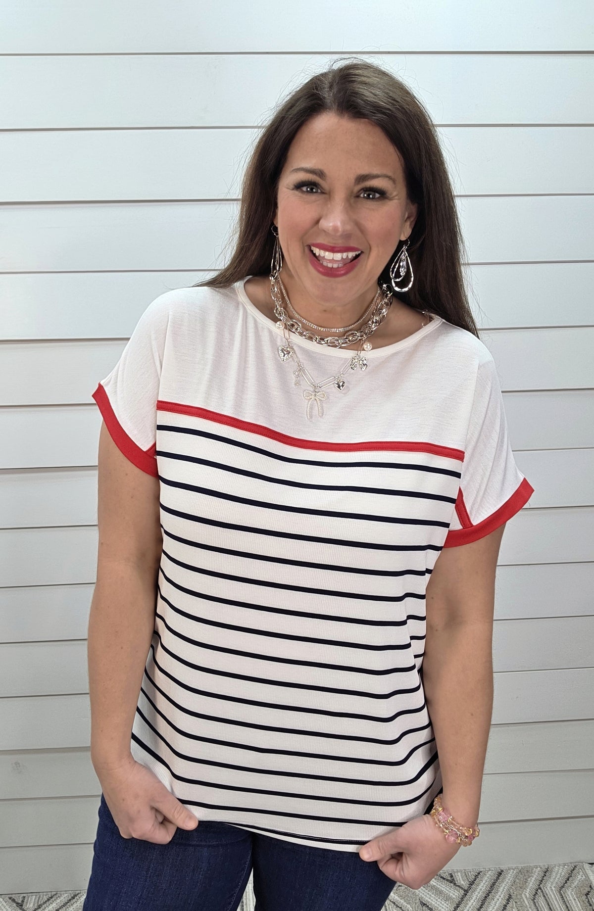 IVORY/NAVY STRIPED COLORBLOCK TOP W/ RED TRIM