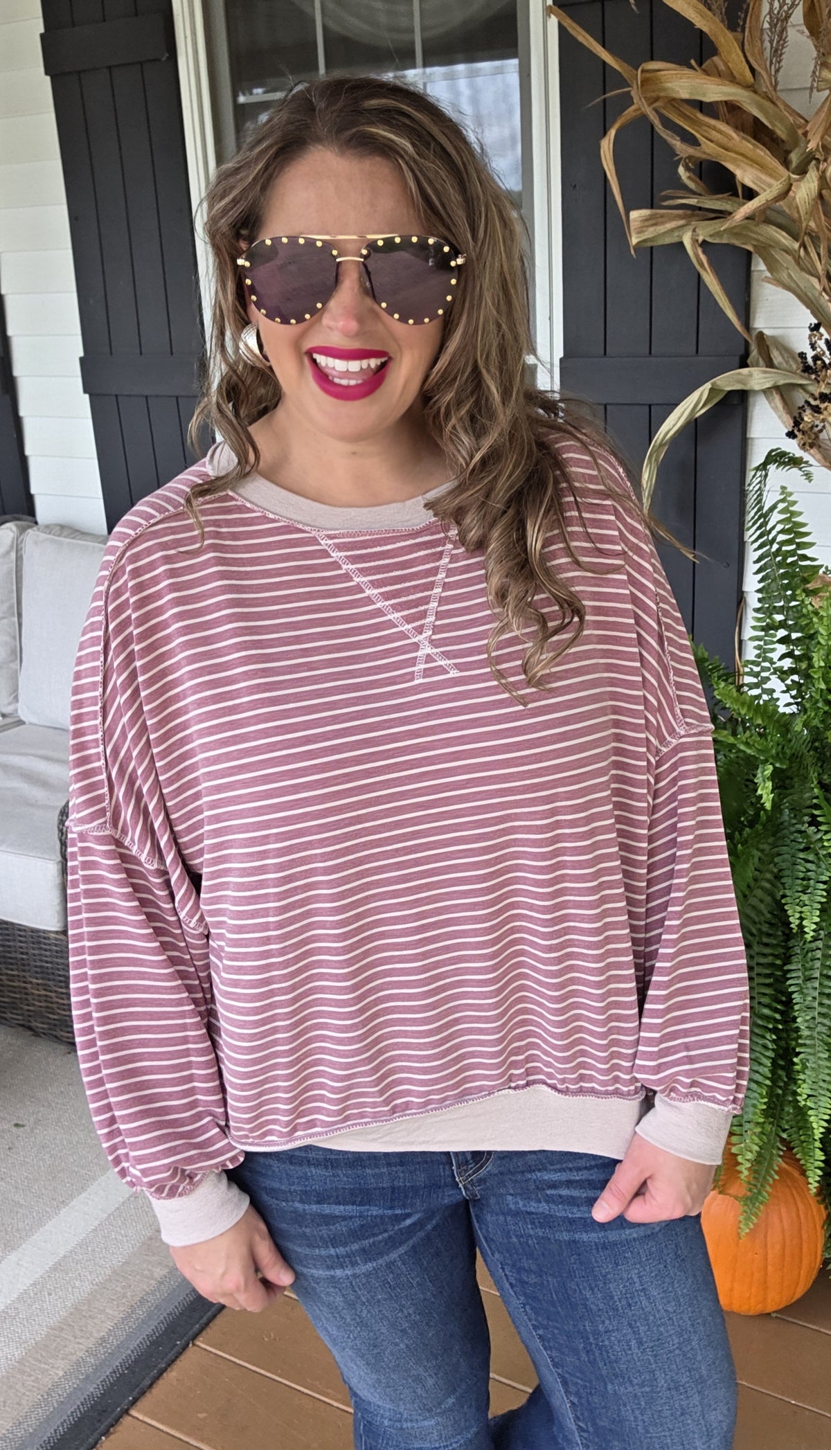ROSE MAUVE STRIPED DROP SHOULDER LOOSE FIT TOP