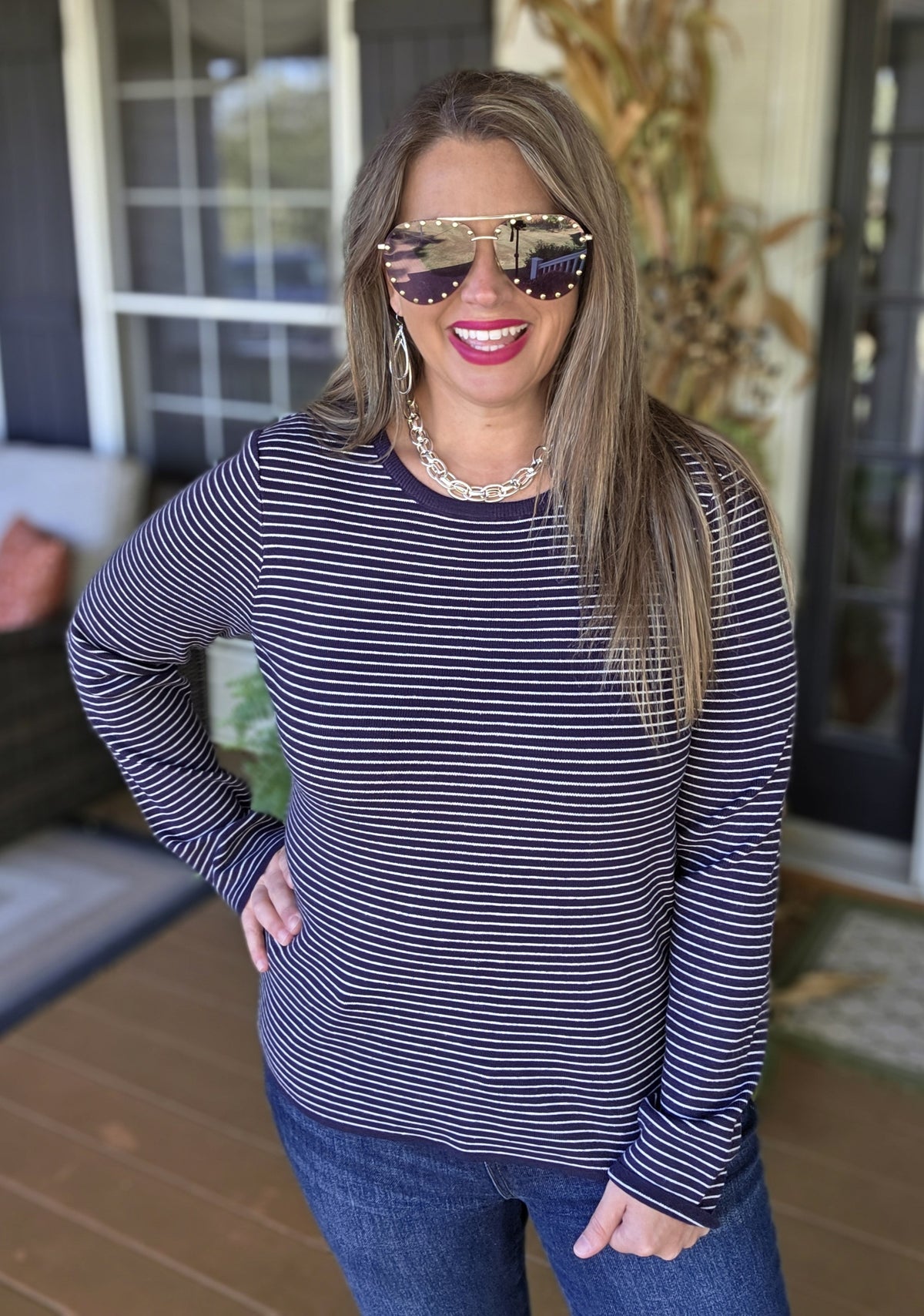 DARK NAVY PINSTRIPED PULLOVER SWEATER