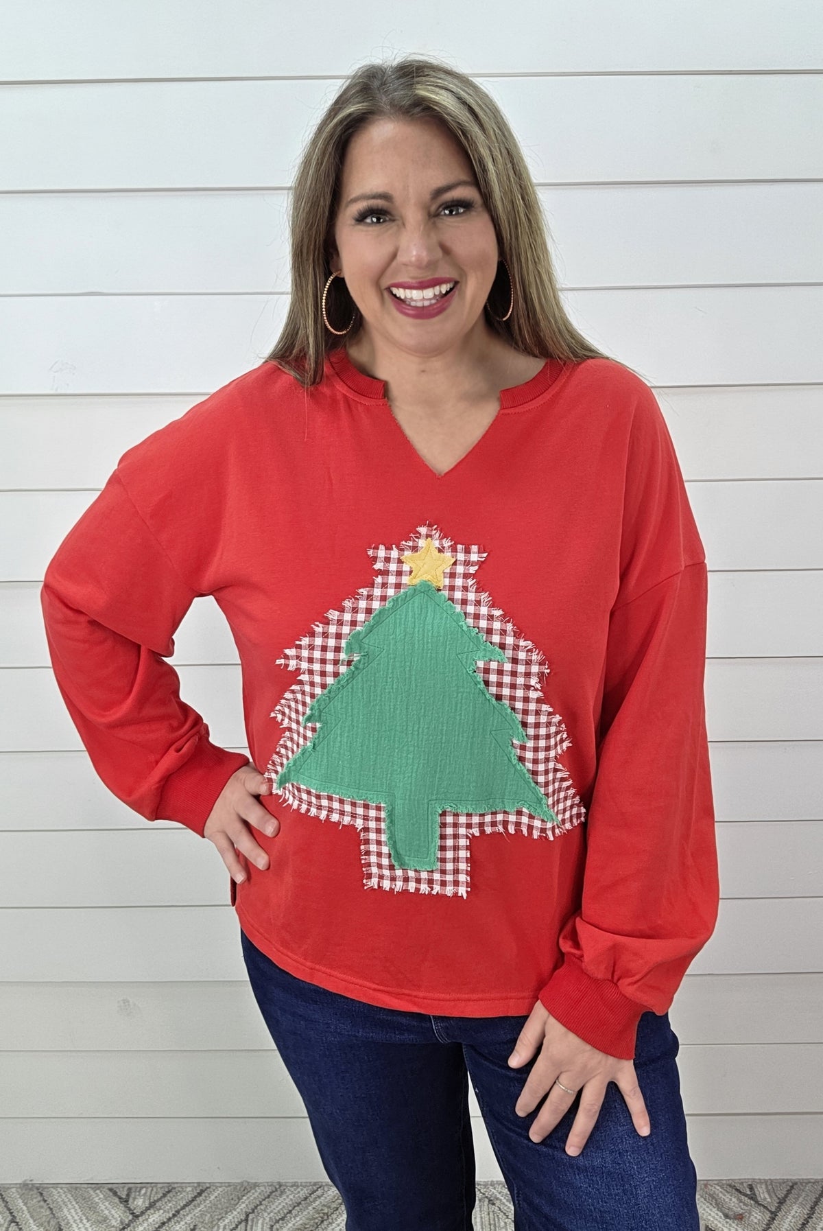 RED FRENCH TERRY PULLOVER W/ RAW EDGE TREE