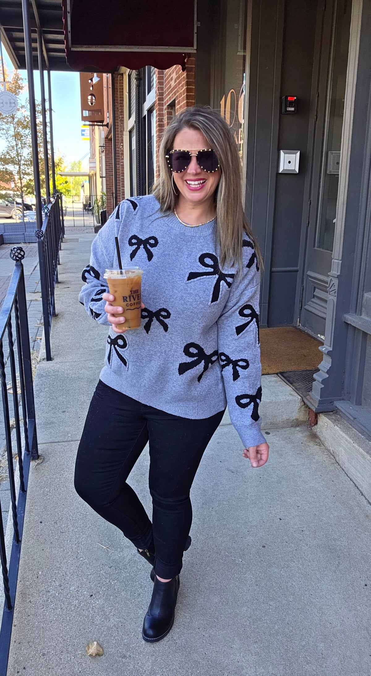 GREY/BLACK BOW ULTRA SOFT KNIT SWEATER