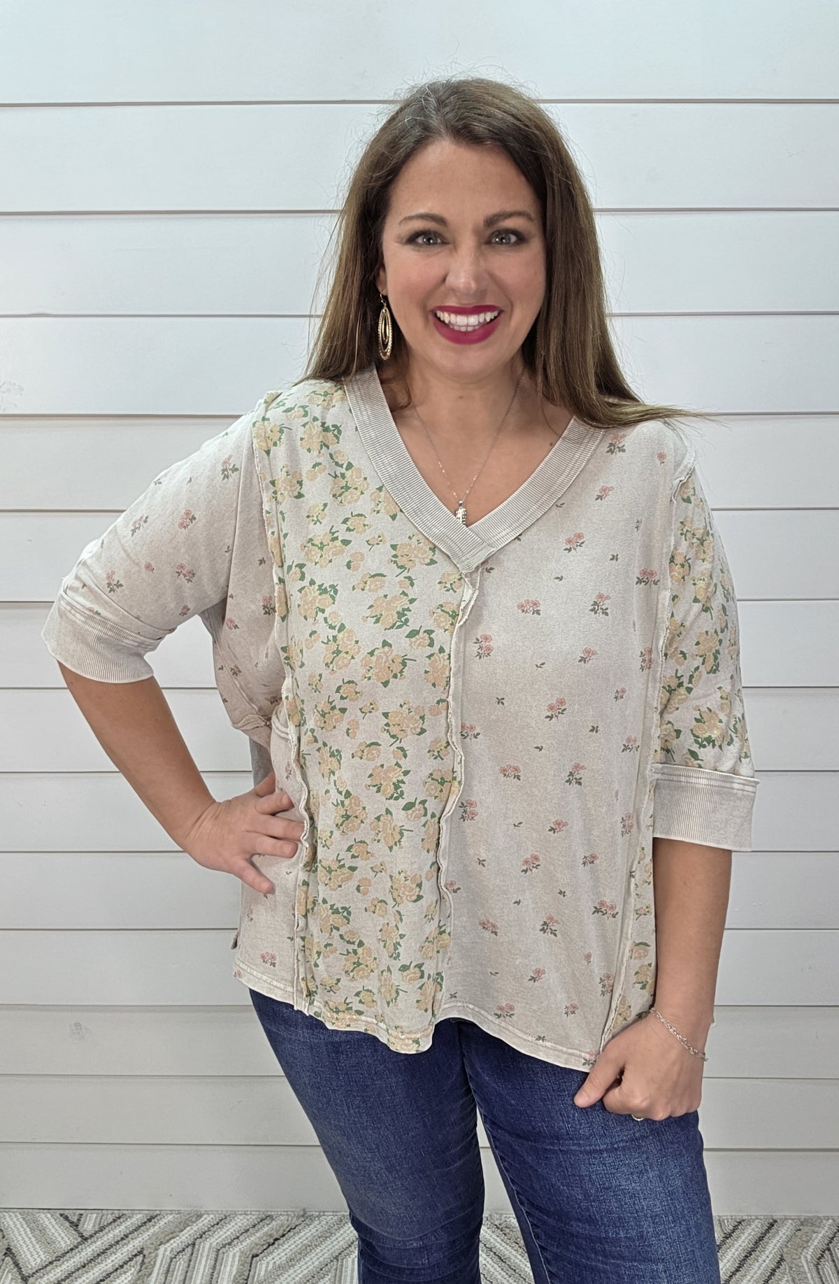 STONE GREY OVERSIZED FLORAL CONTRAST FRENCH TERRY KNIT TOP