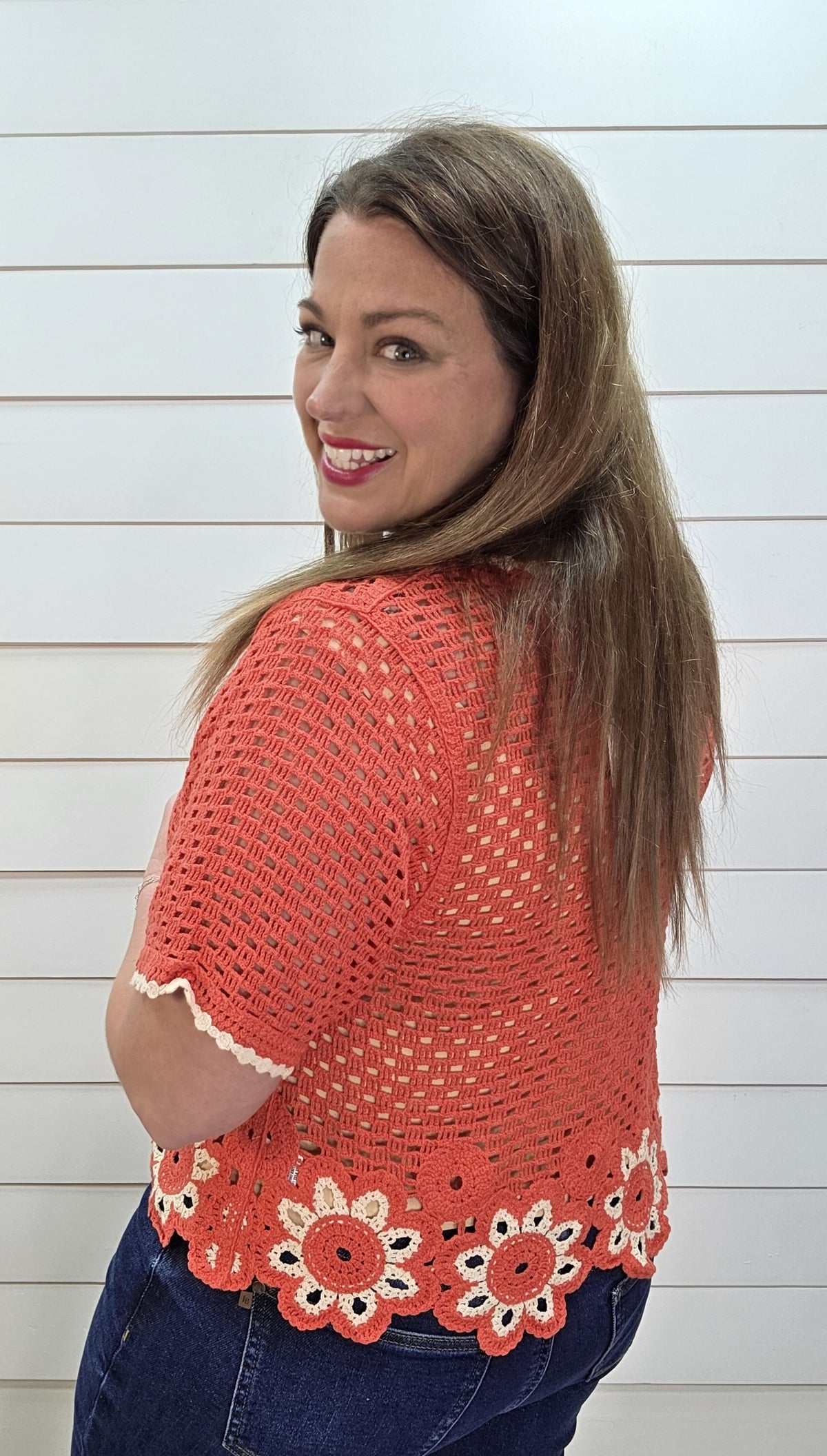 RED FLORAL CROCHET BUTTON DOWN TOP/CARDIGAN