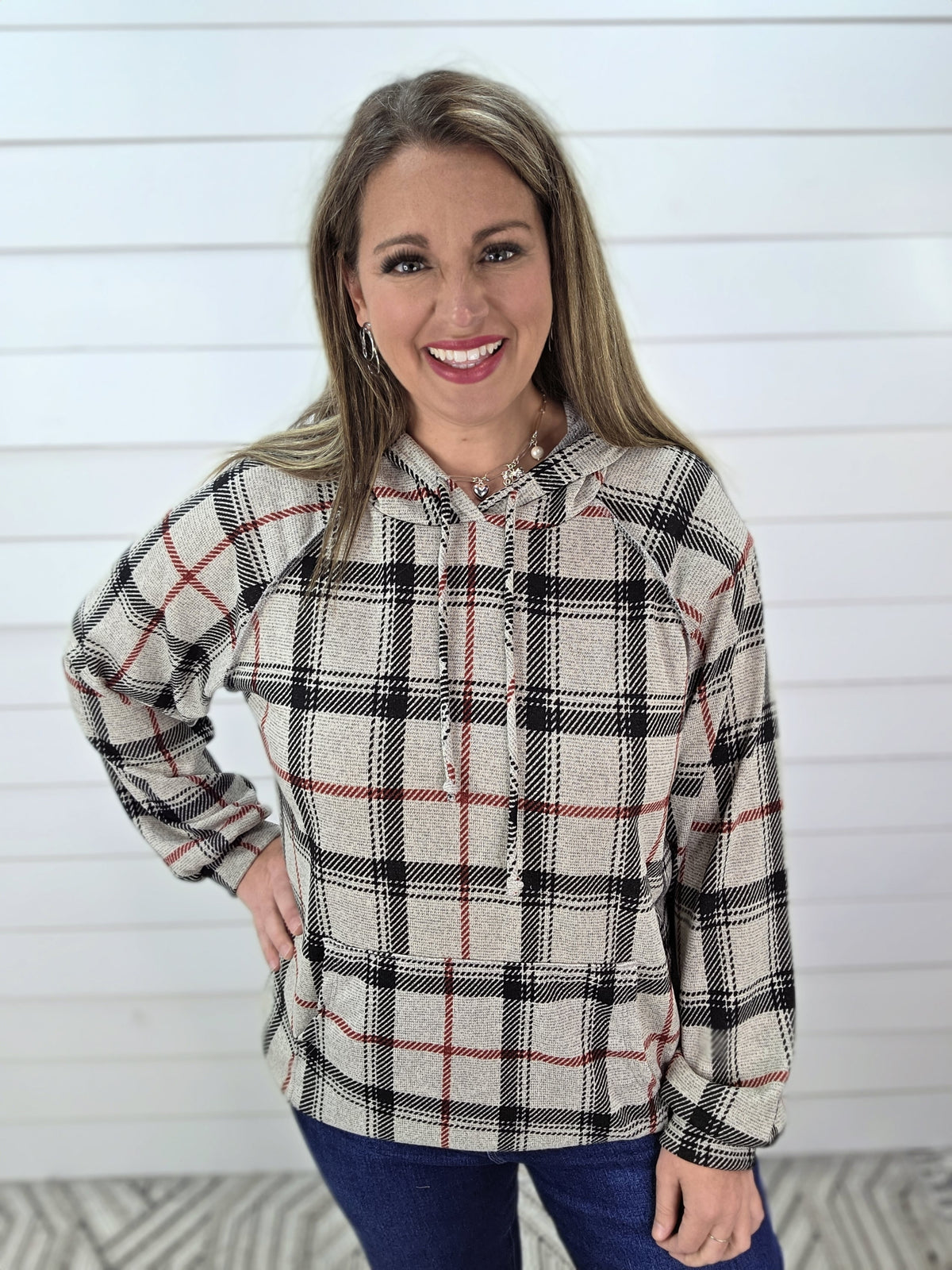OATMEAL/BLACK/RED PLAID LIGHT WEIGHT HOODIE