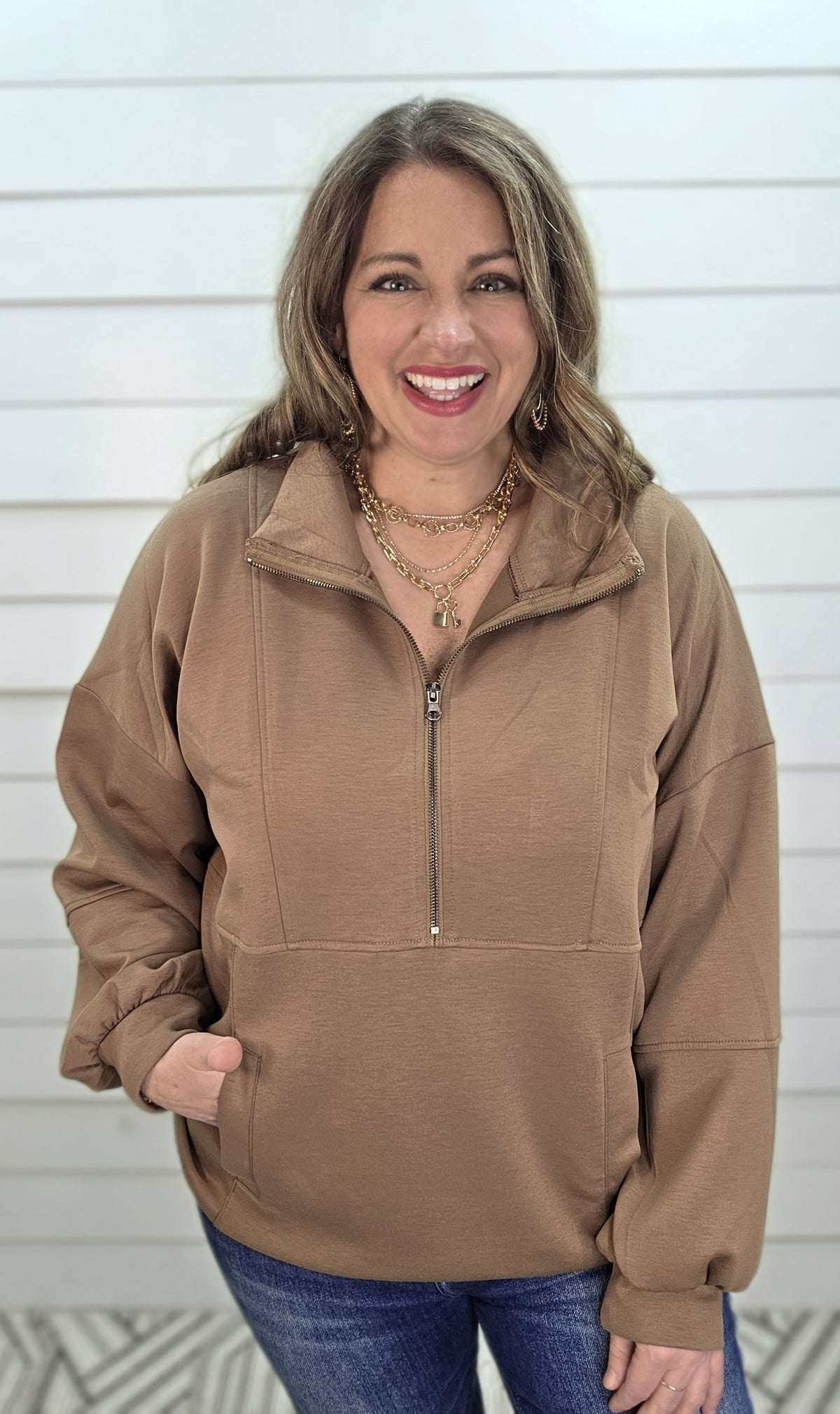 BROWN SCUBA HALF ZIP PULLOVER W/ KANGAROO POCKET