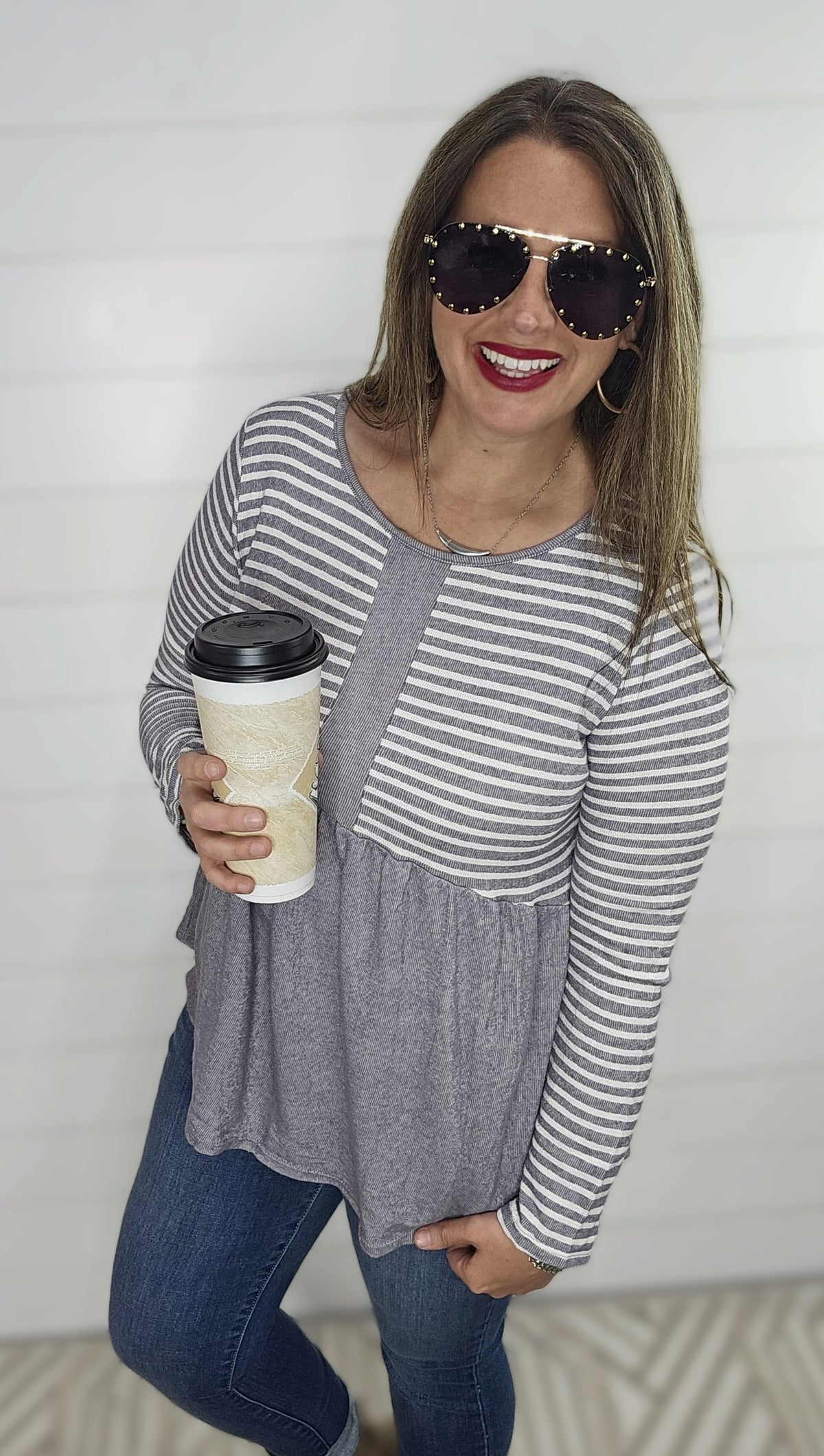 GREY STRIPED CONTRAST BABYDOLL KNIT TOP