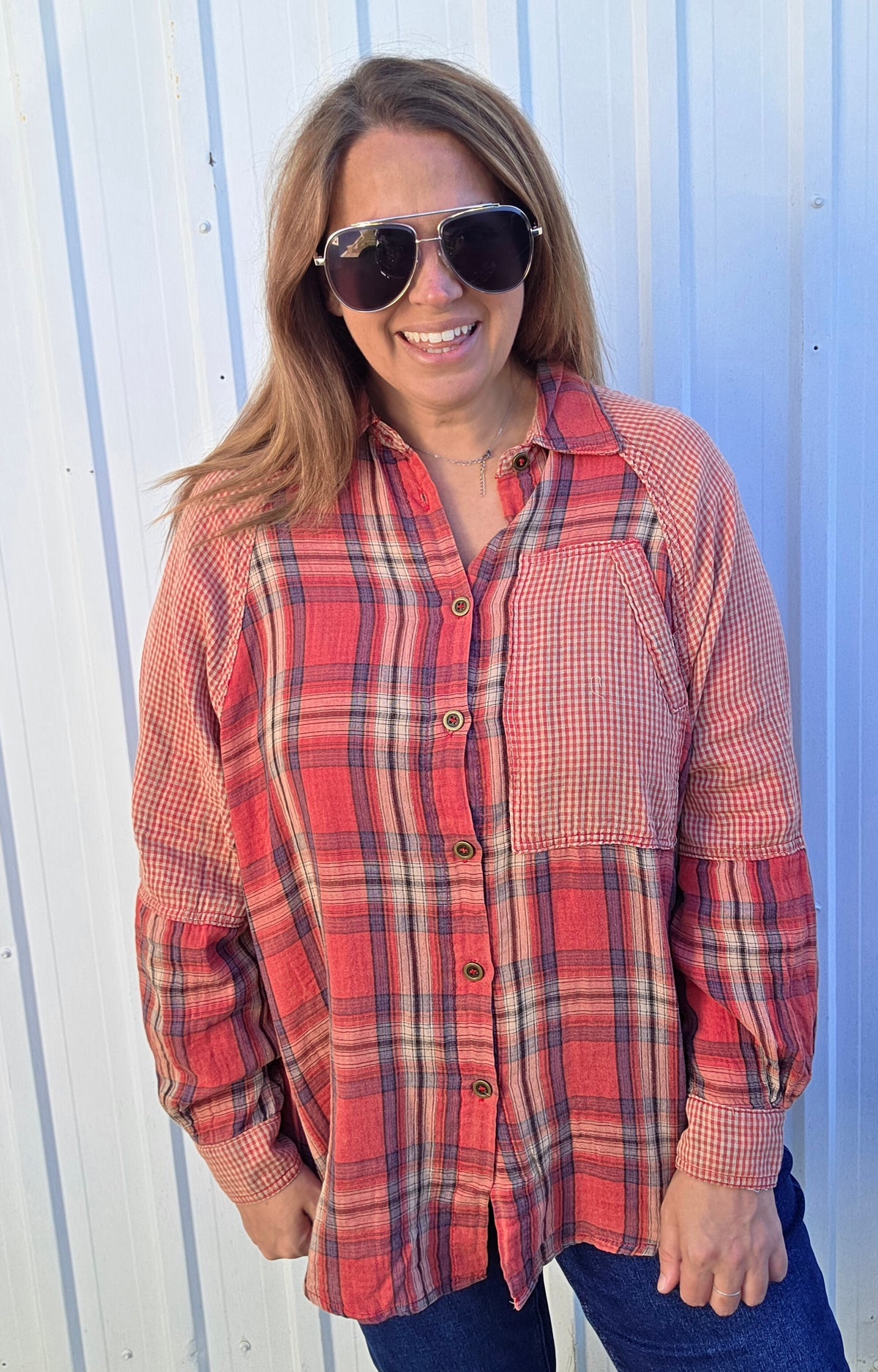 VINTAGE RED MIXED MEDIA OVERSIZED BUTTON DOWN PLAID TOP