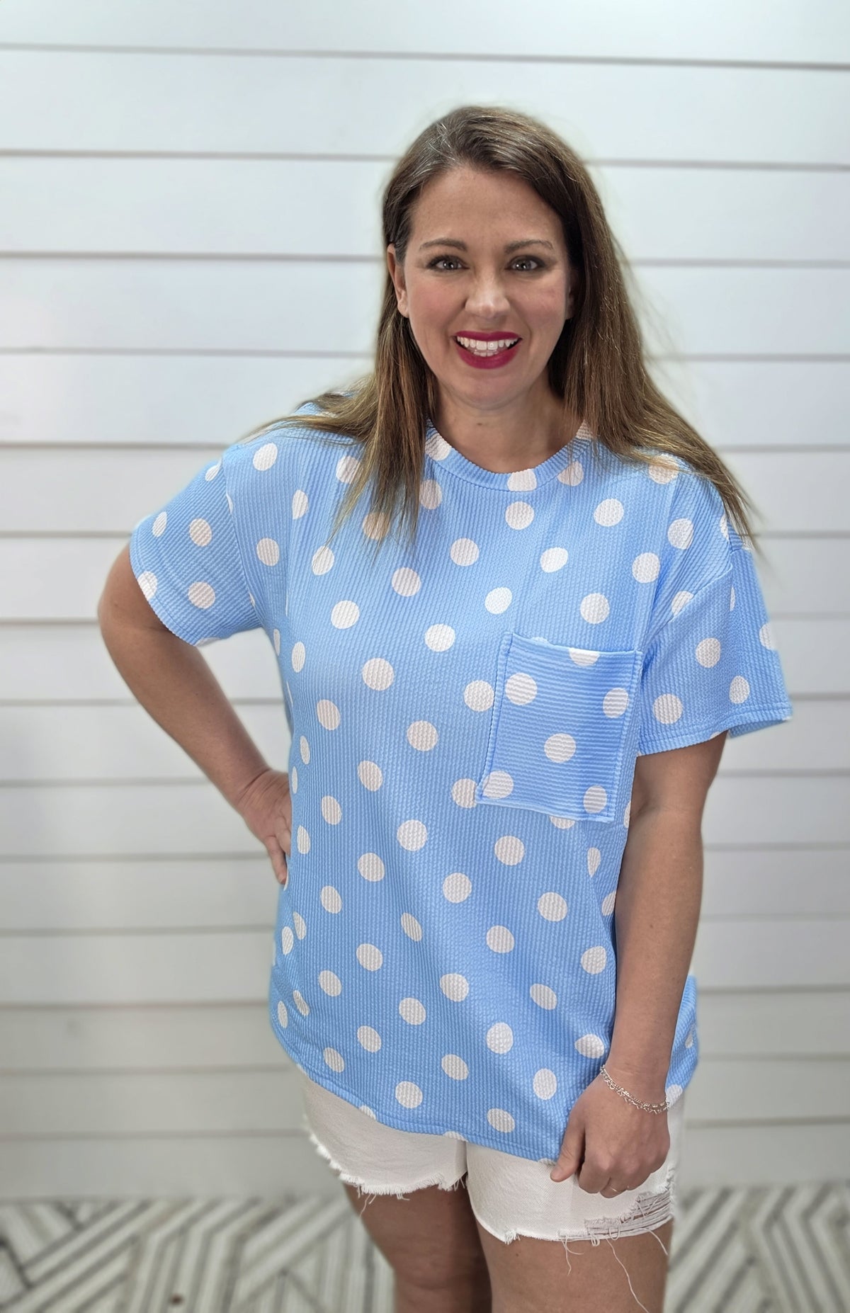 BLUE/WHITE POLKADOT RAISED RIBBED POCKET TOP