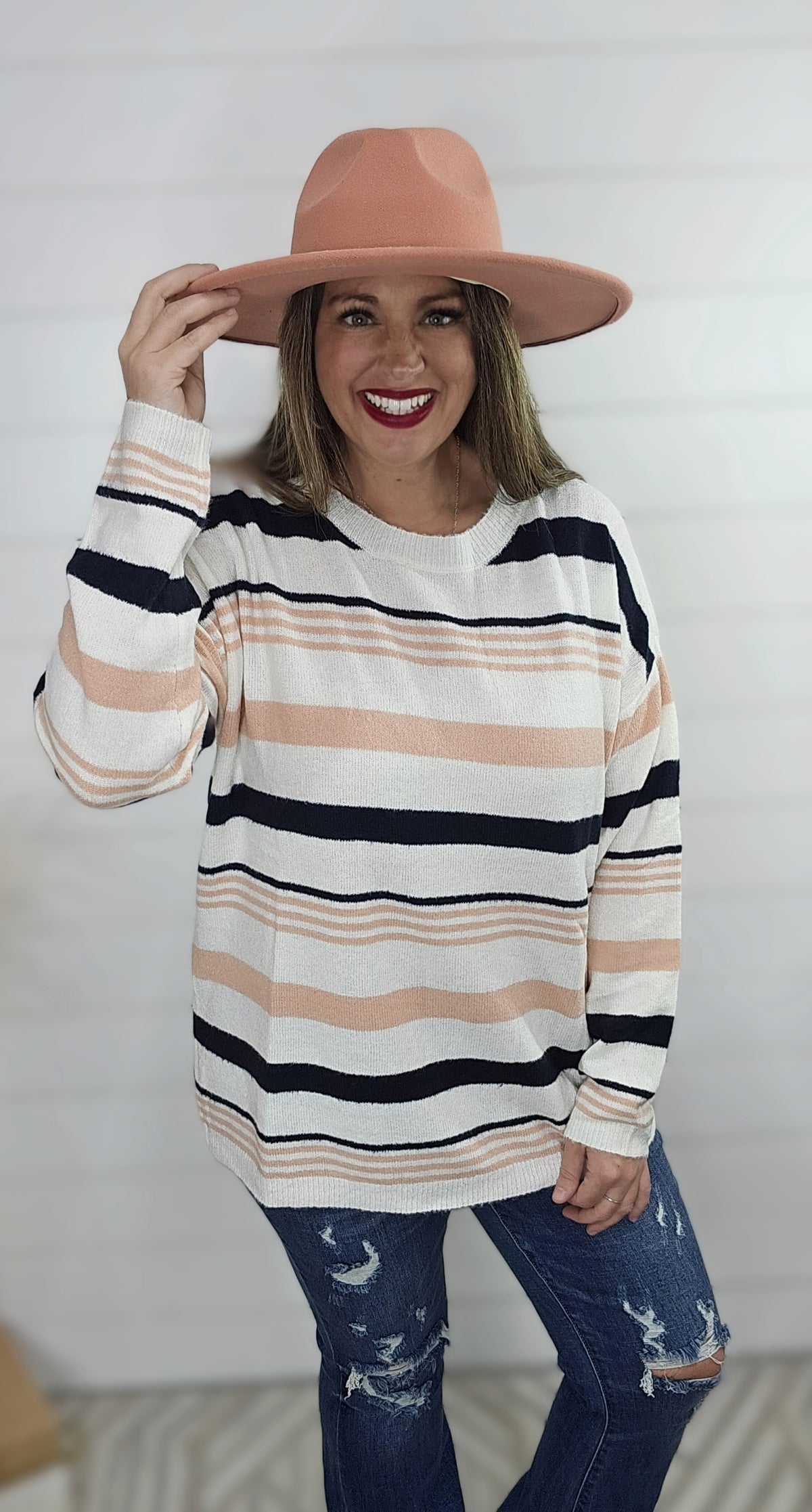 NAVY/PINK STRIPED SOFT KNIT SWEATER