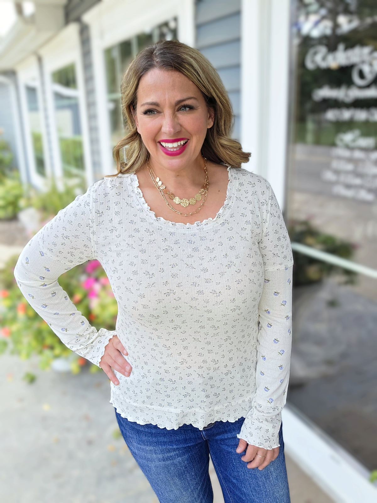 CREAM KNIT PETITE FLORAL RUFFLE TRIM TOP