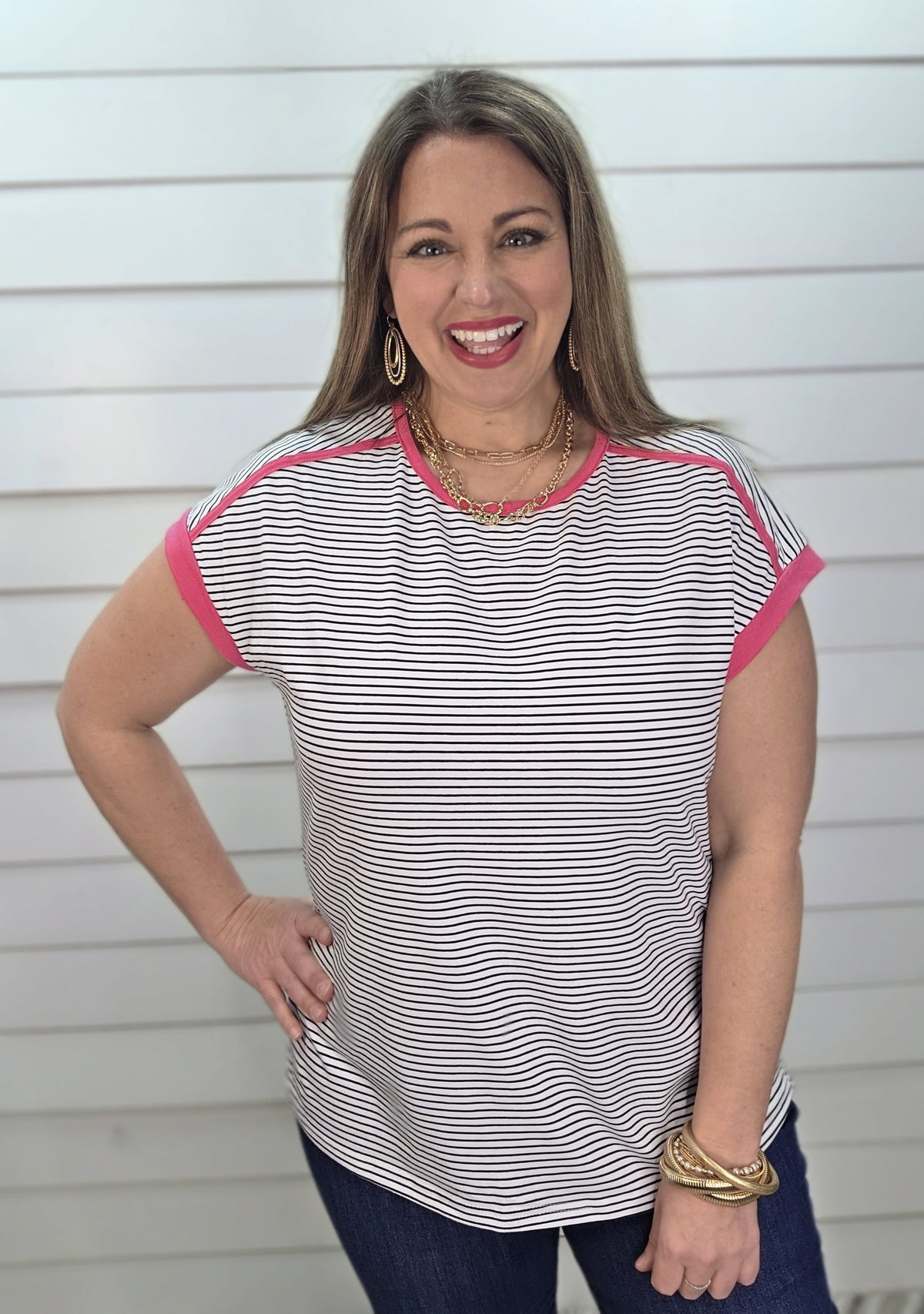 BLACK STRIPED KNIT TOP W/ PINK TRIM