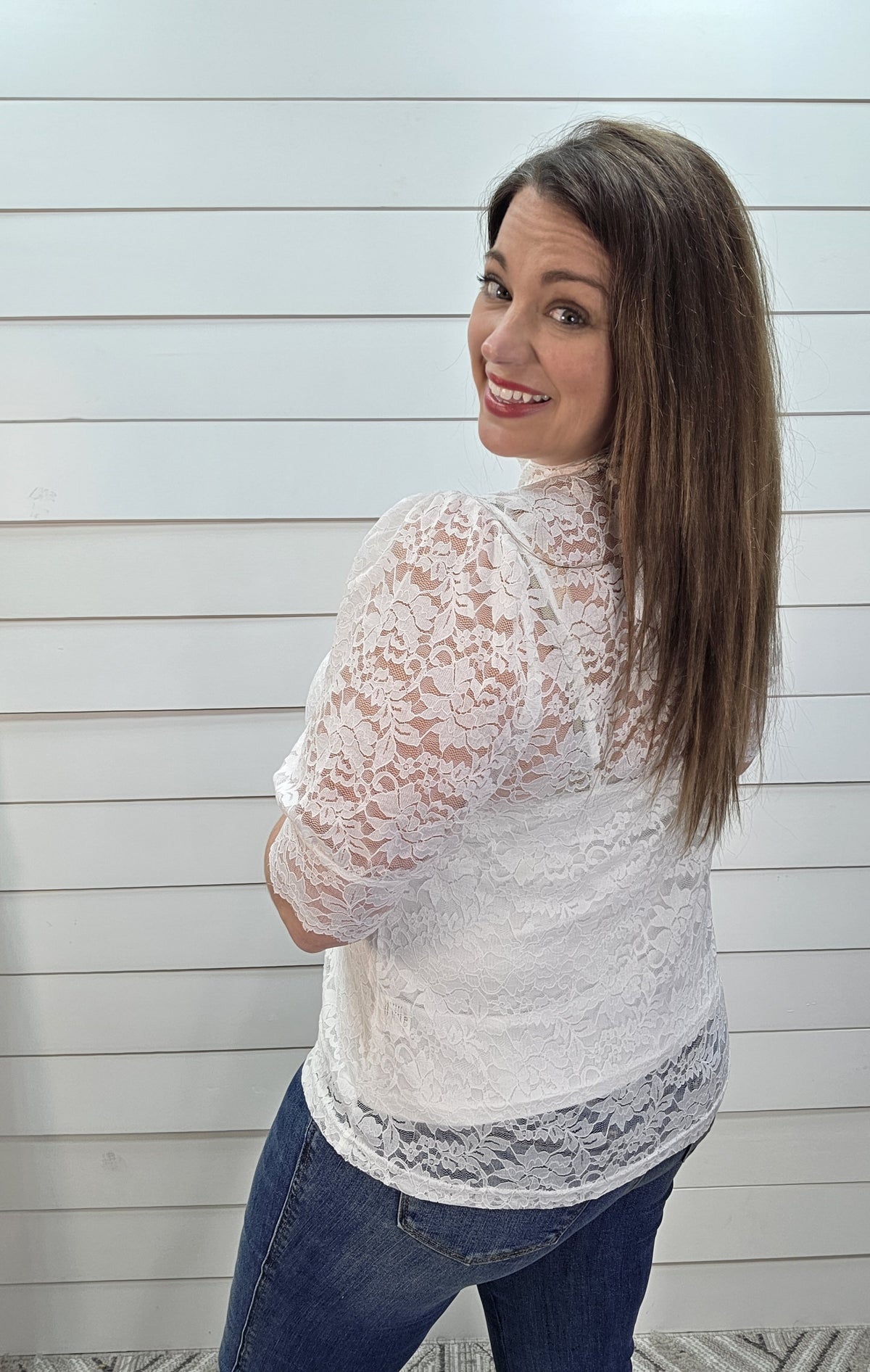 WHITE LACE MOCK NECK TOP W/ TANK TOP