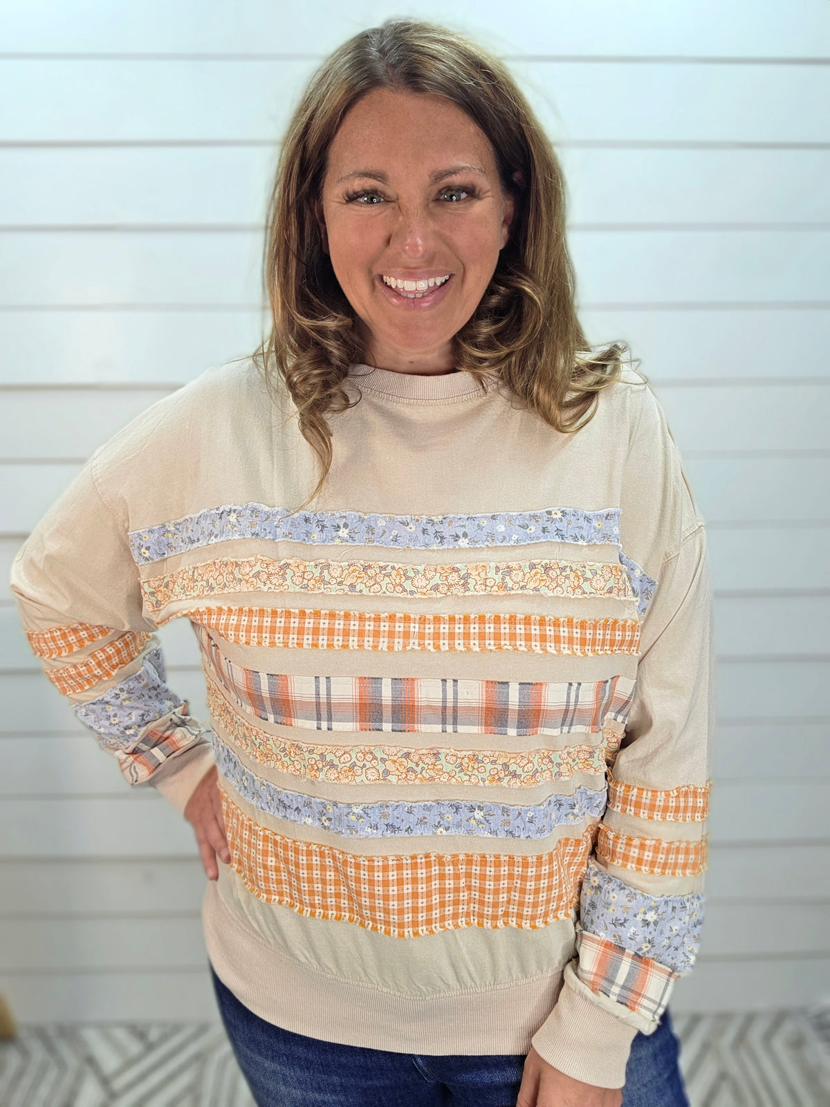 KHAKI MINERAL PATCHWORK COTTON TOP