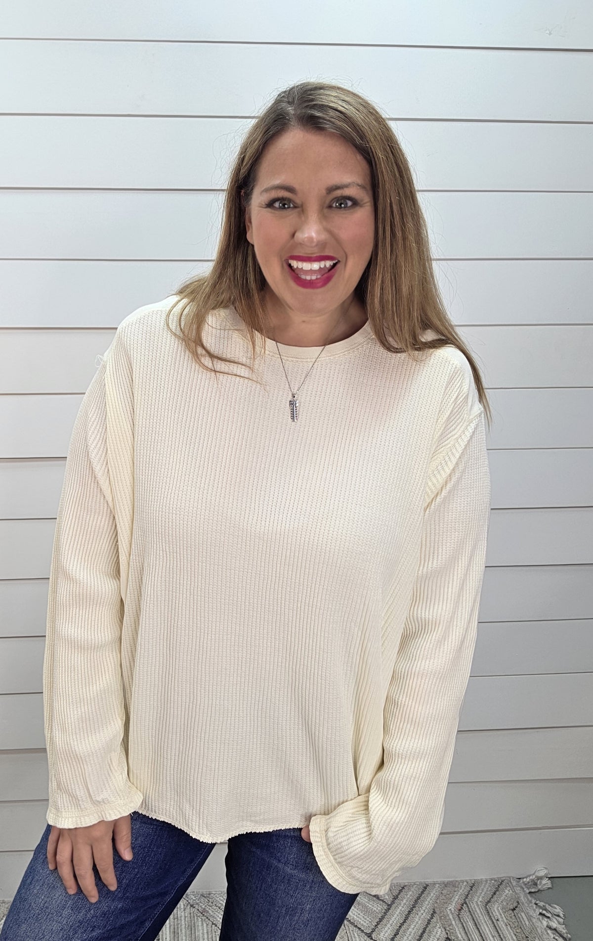 CREAM MINERAL WASH WAFFLE TEXTURED CONTRAST KNIT TOP