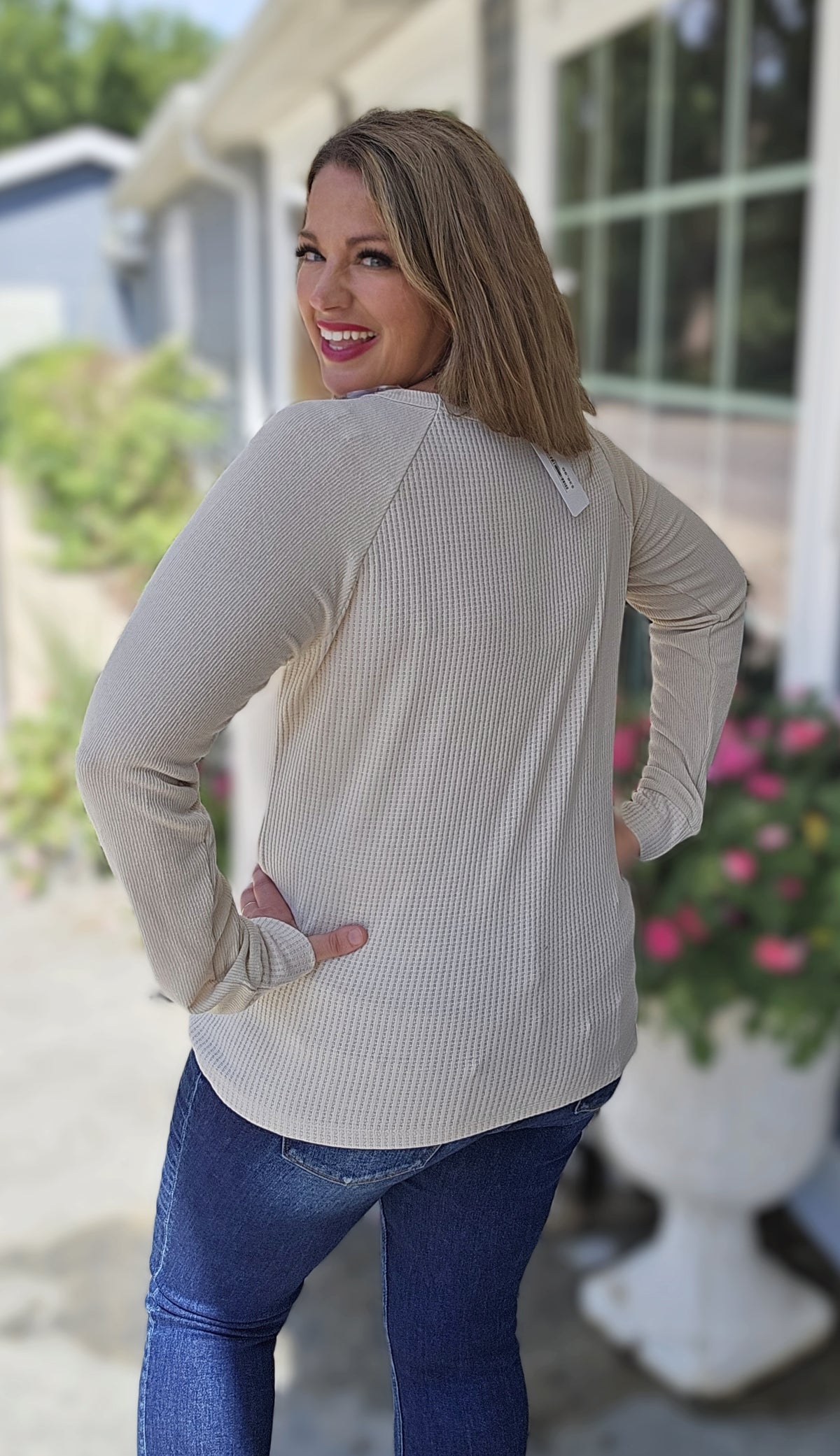 NATURALCONTRAST LONG SLEEVE WAFFLE KNIT TOP