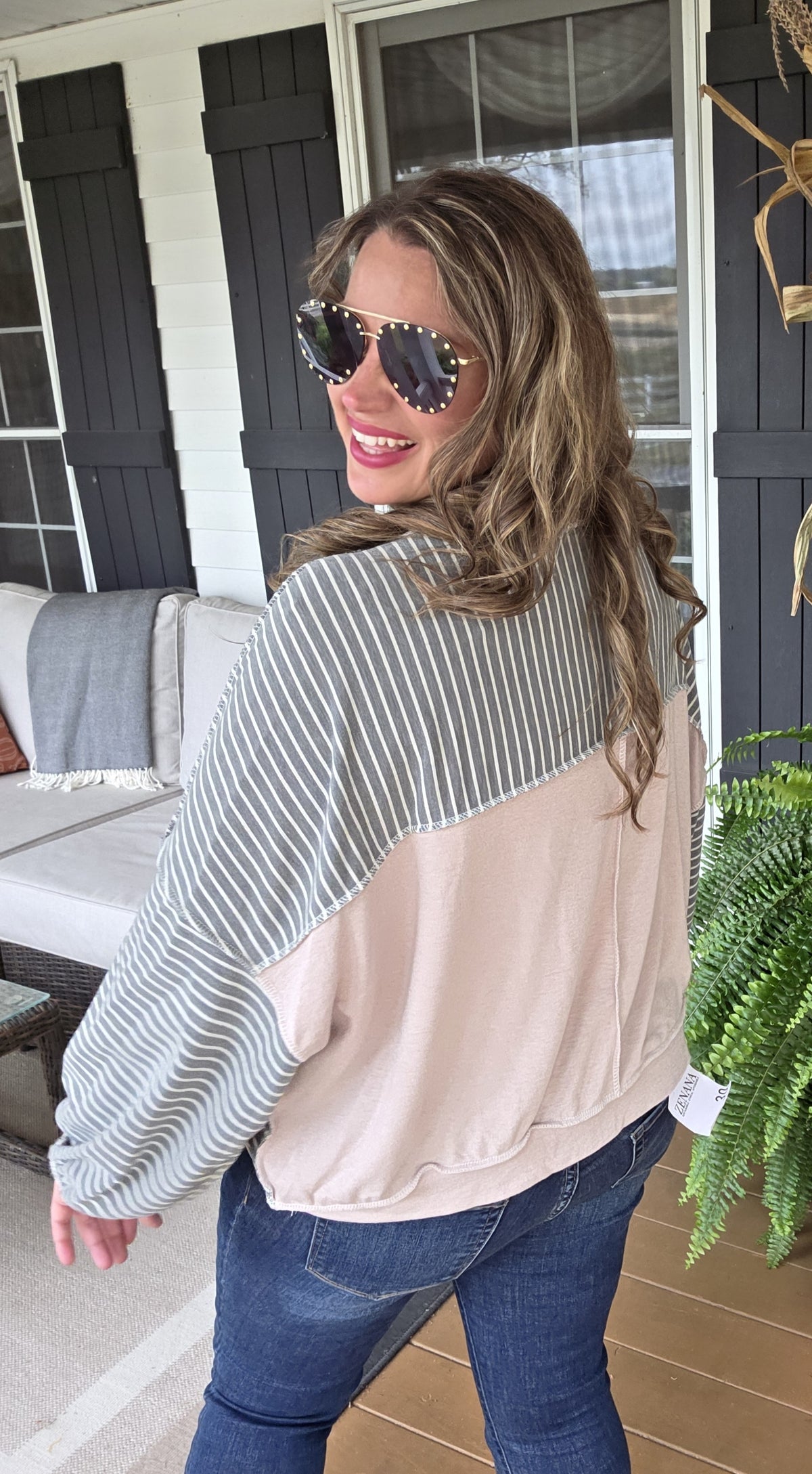 OLIVE STRIPED LOOSE FIT DROP SHOULDER TOP