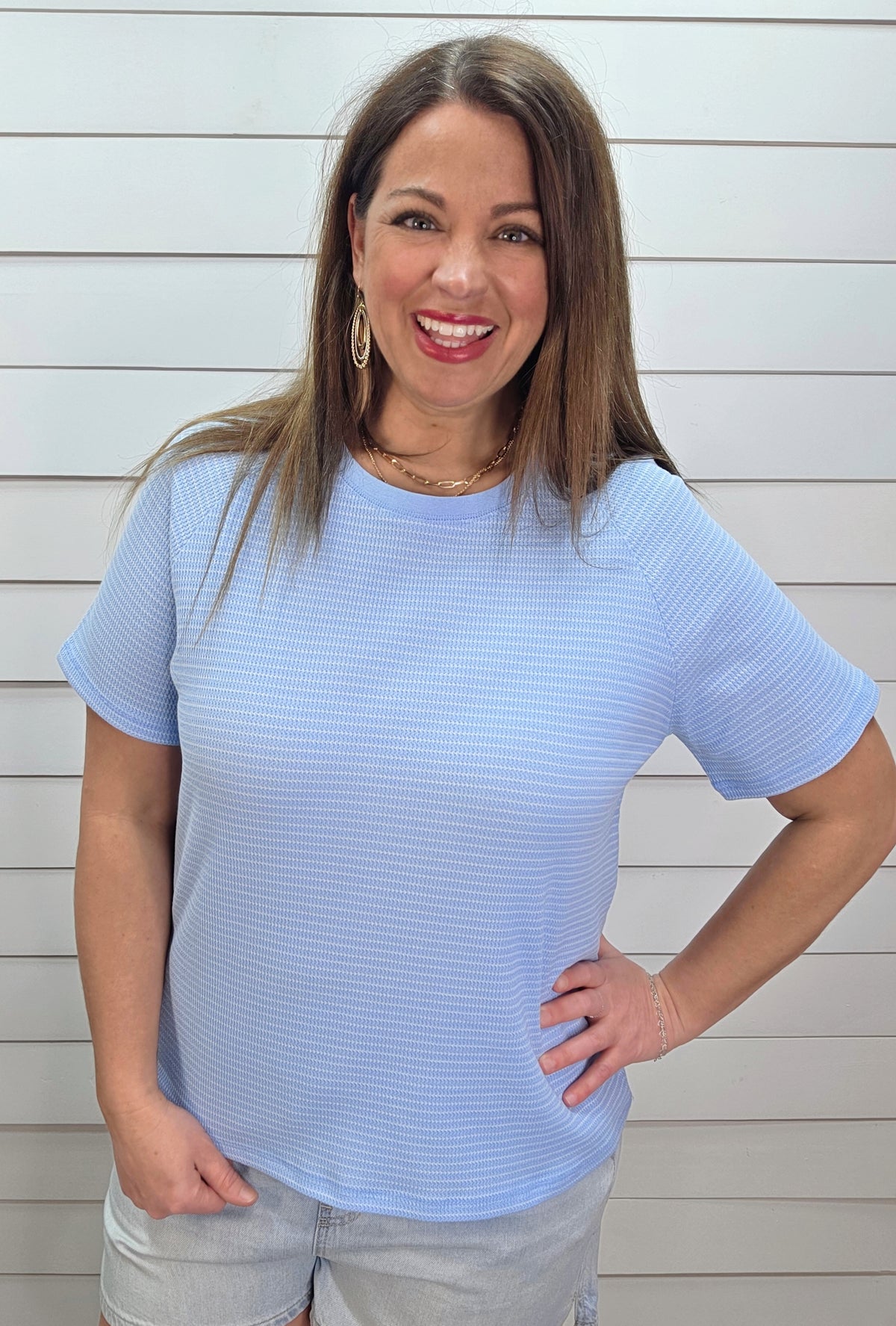 BABY BLUE STRIPED TEXTURED KNIT TOP