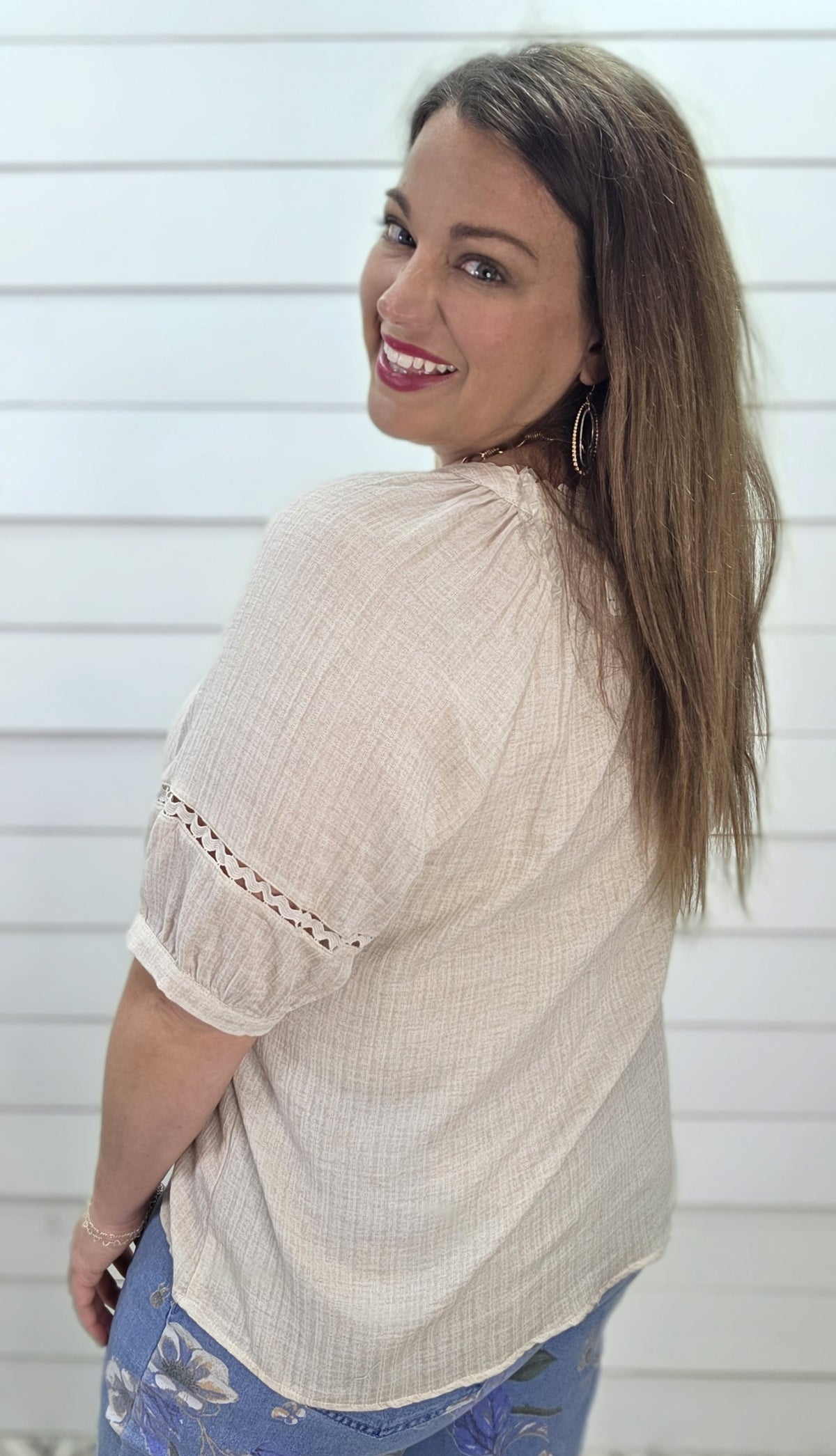 OATMEAL RICRAC TRIM V NECK WOVEN LINEN BLEND TOP