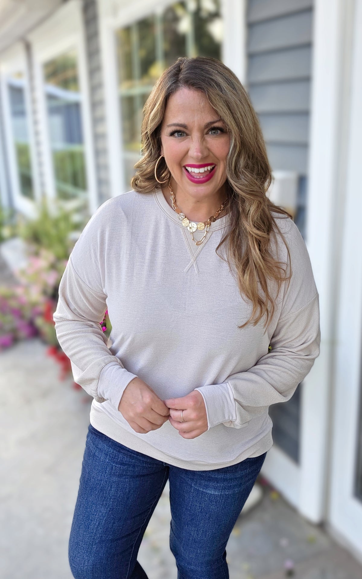 BEIGE FABRIC CONTRAST KNIT TOP