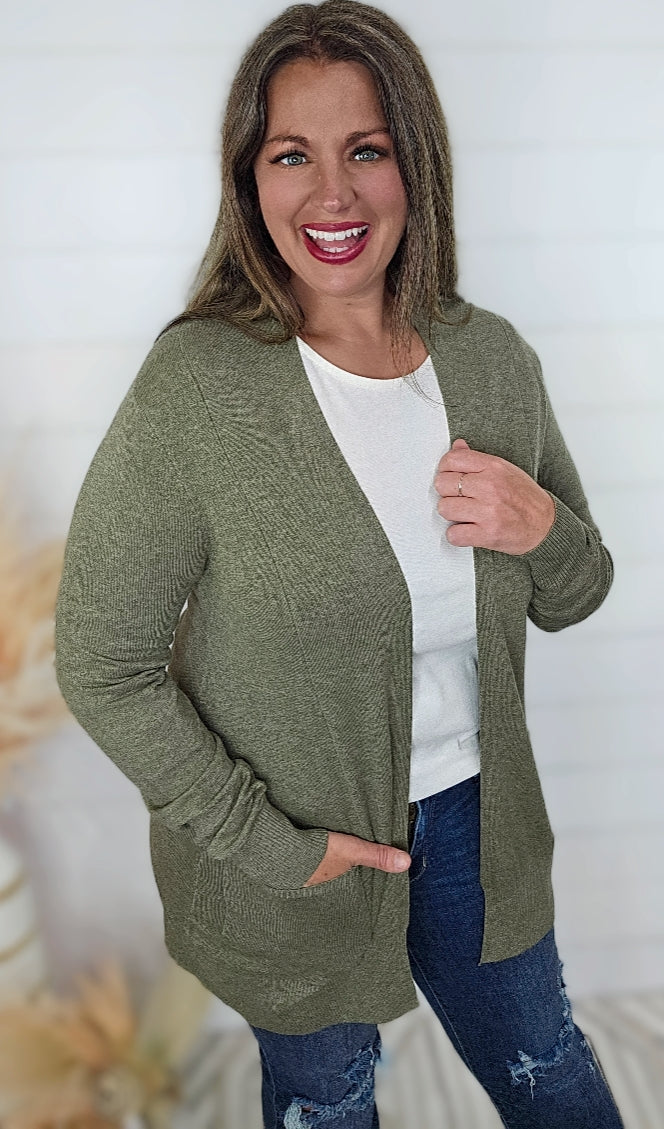 HEATHERED MED OLIVE ULTRA SOFT OPEN CARDIGAN W/ SIDE POCKETS