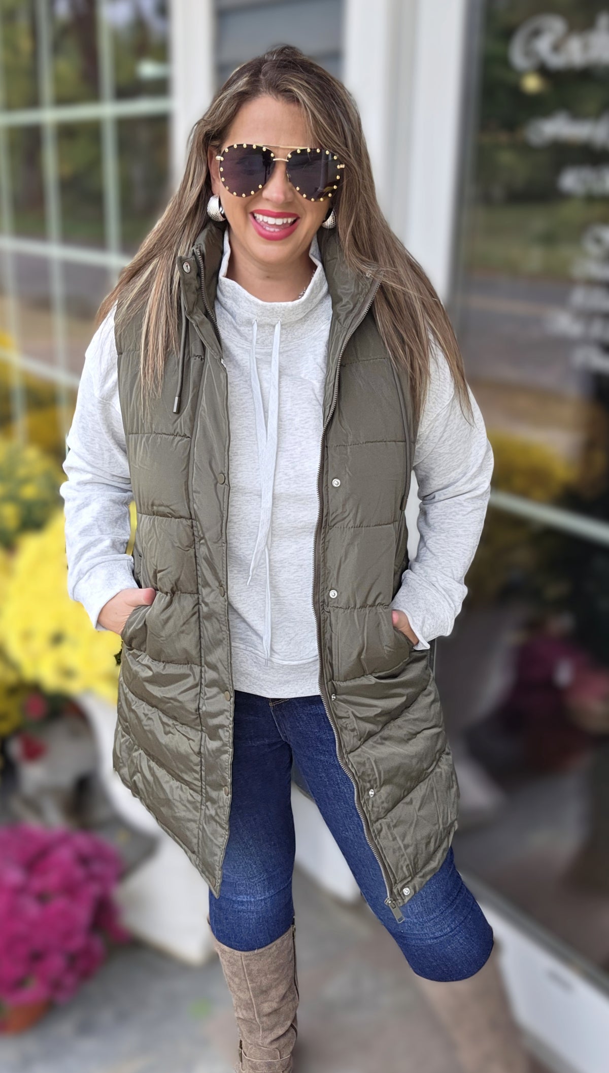 OLIVE LONG PUFFER HOODED VEST WITH SIDE ZIPPER
