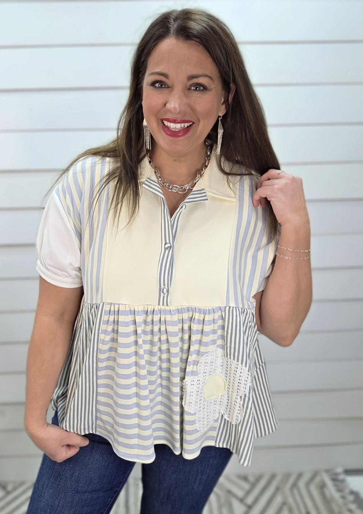 SKY BLUE CONTRAST STRIPED HALF BUTTON LAY DOWN COLLAR FLORAL TRIM TOP