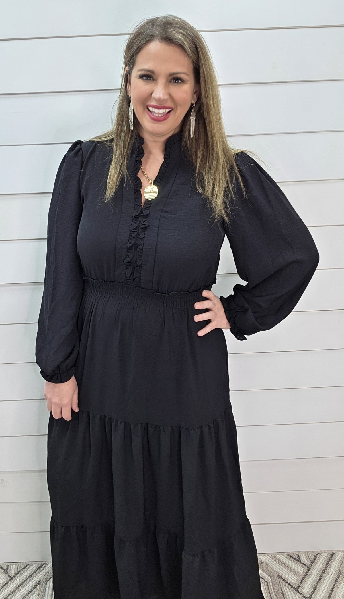 BLACK LONG WOVEN V NECK TIERED DRESS