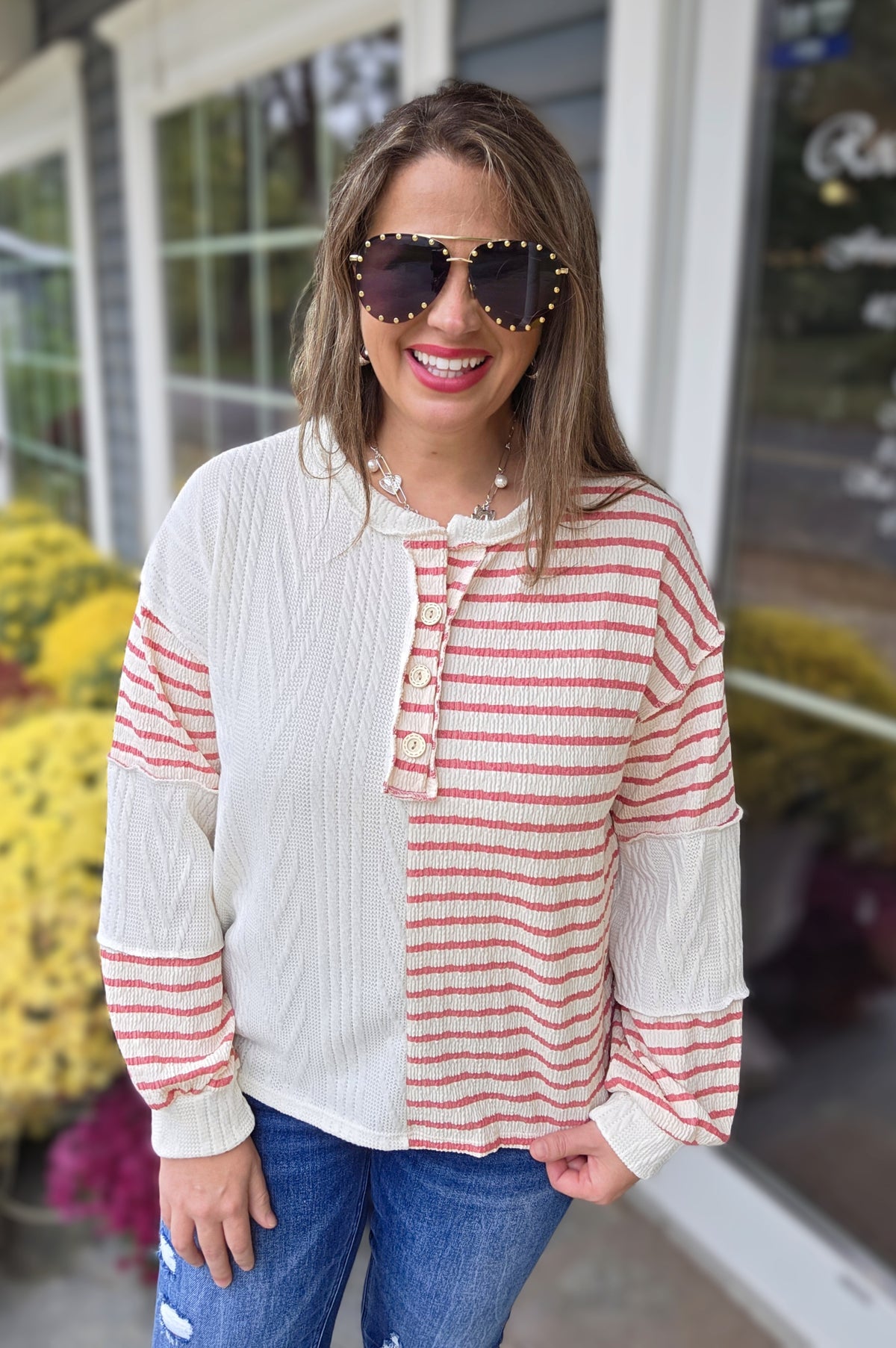 MAUVE CONTRAST STRIPED/TEXTURED BUTTON TRIM KNIT TOP